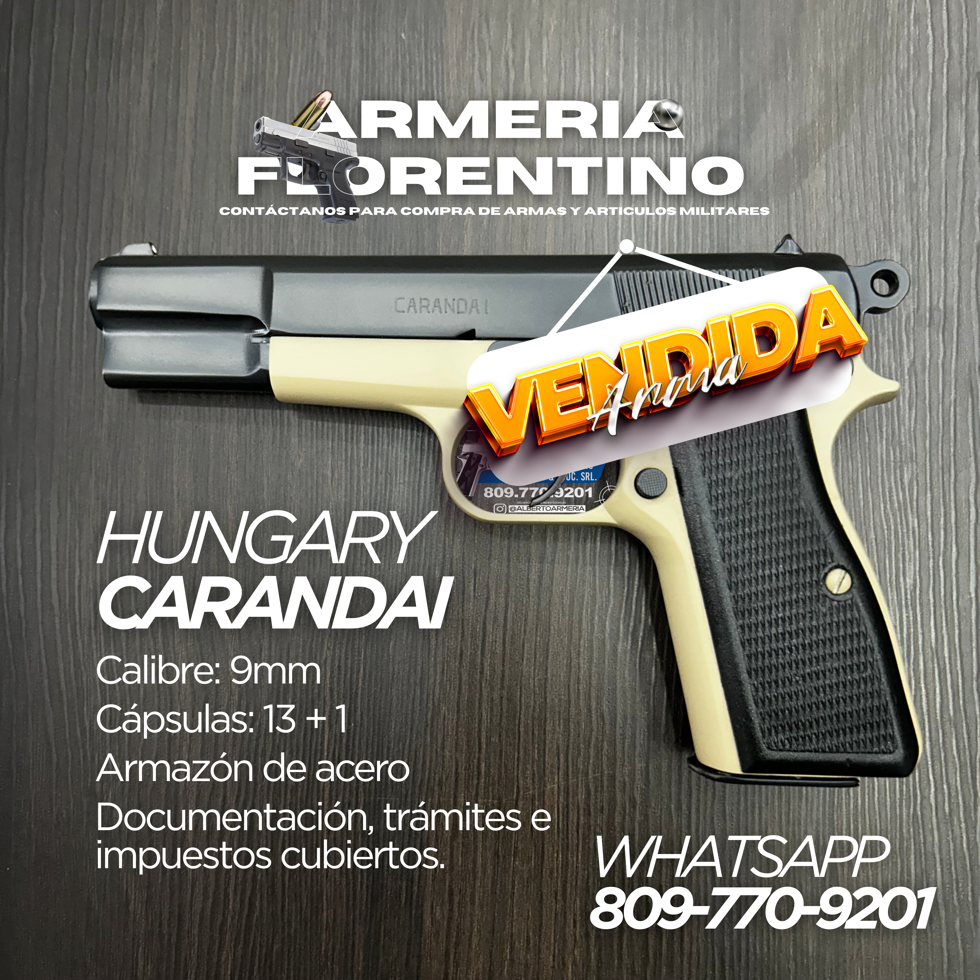 PISTOLA CARANDAI, CALIBRE 9MM, CAPSULAS: 13 + 1