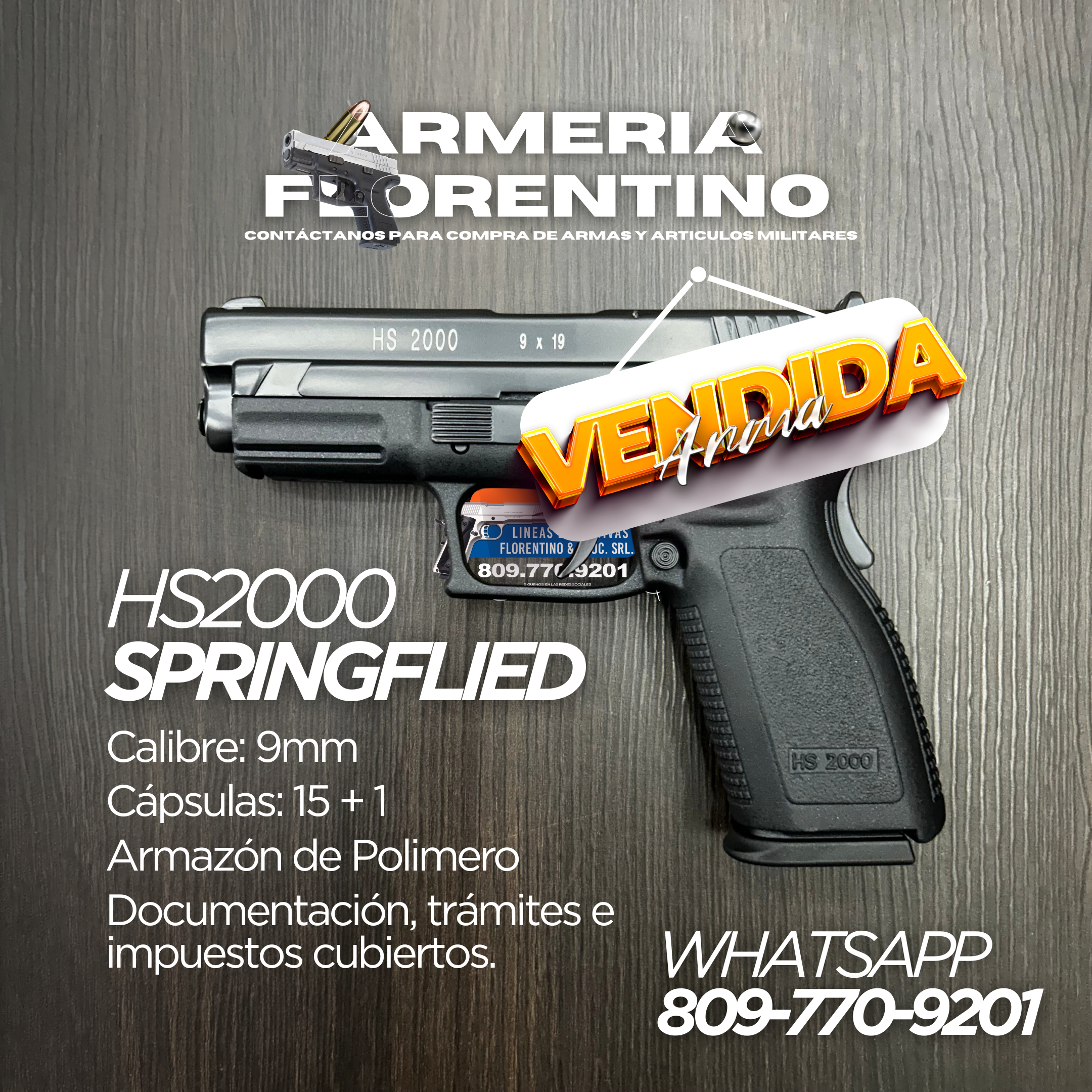 PISTOLA SPRINGFIELD, MODELO HS2000 COMPENSADA, CALIBRE 9MM, CAPSULAS: 15 + 1