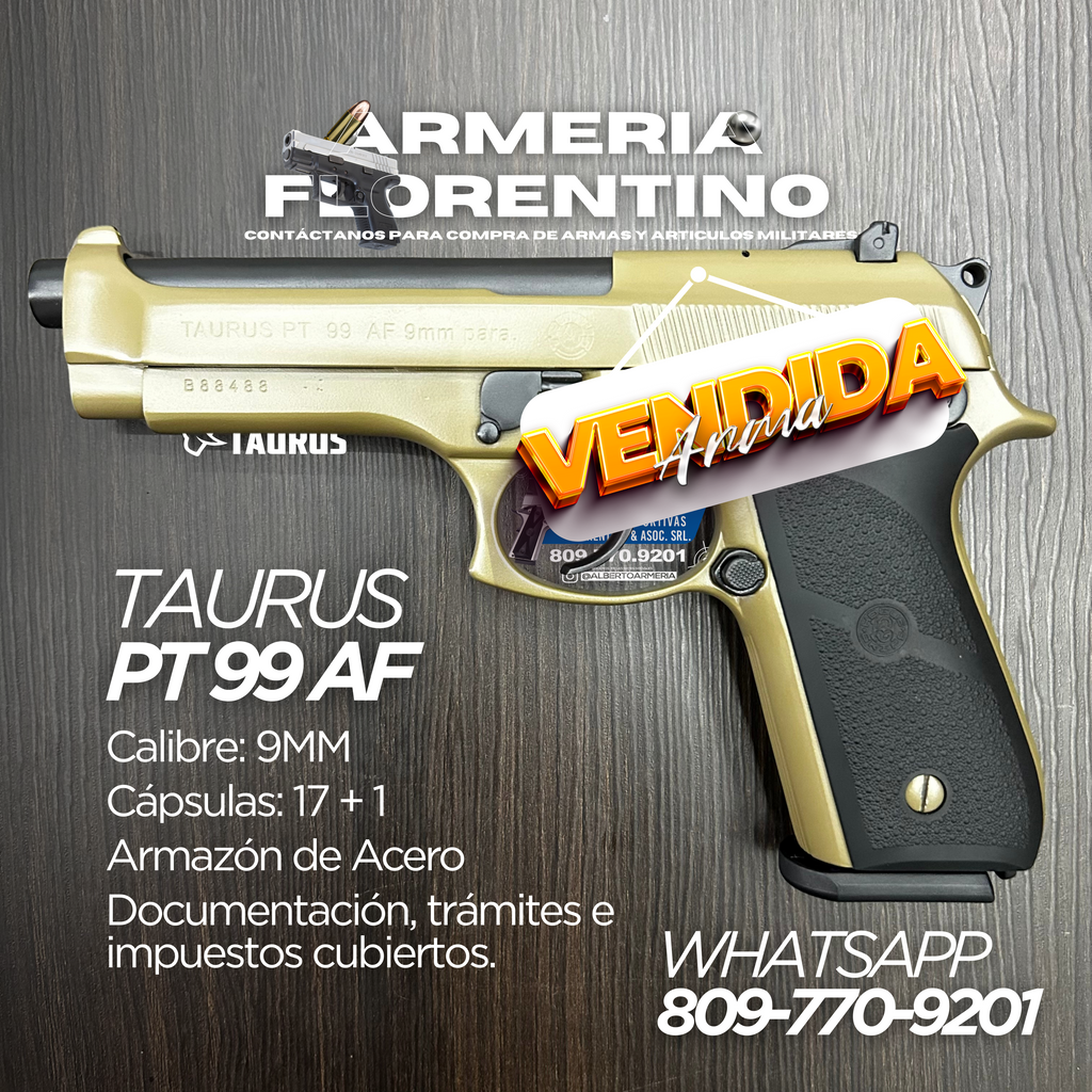 PISTOLA TAURUS, MODELO PT99, CALIBRE 9MM, CAPSULAS: 17 + 1