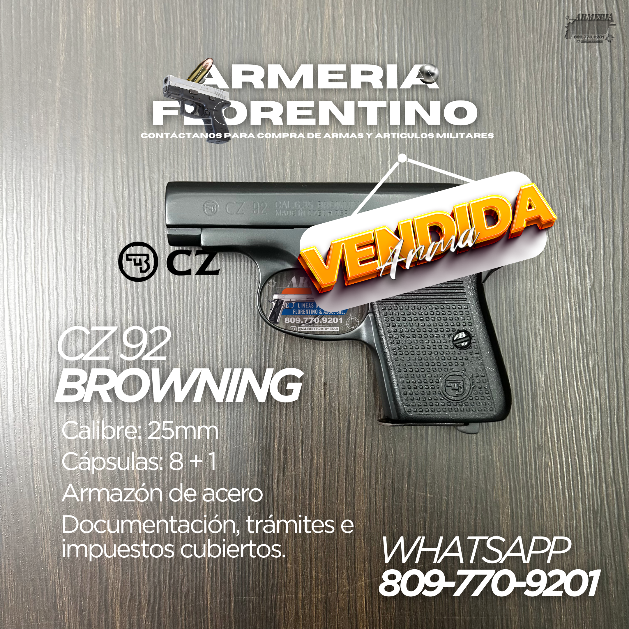PISTOLA BROWNING, MODELO CZ 92, CALIBRE 6.25MM, CAPSULAS 8 + 1
