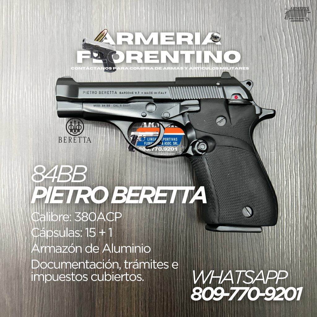 PISTOLA PIETRO BERETTA, MODELO 84BB, CALIBRE .380 ACP, CAPSULAS: 13 + 1