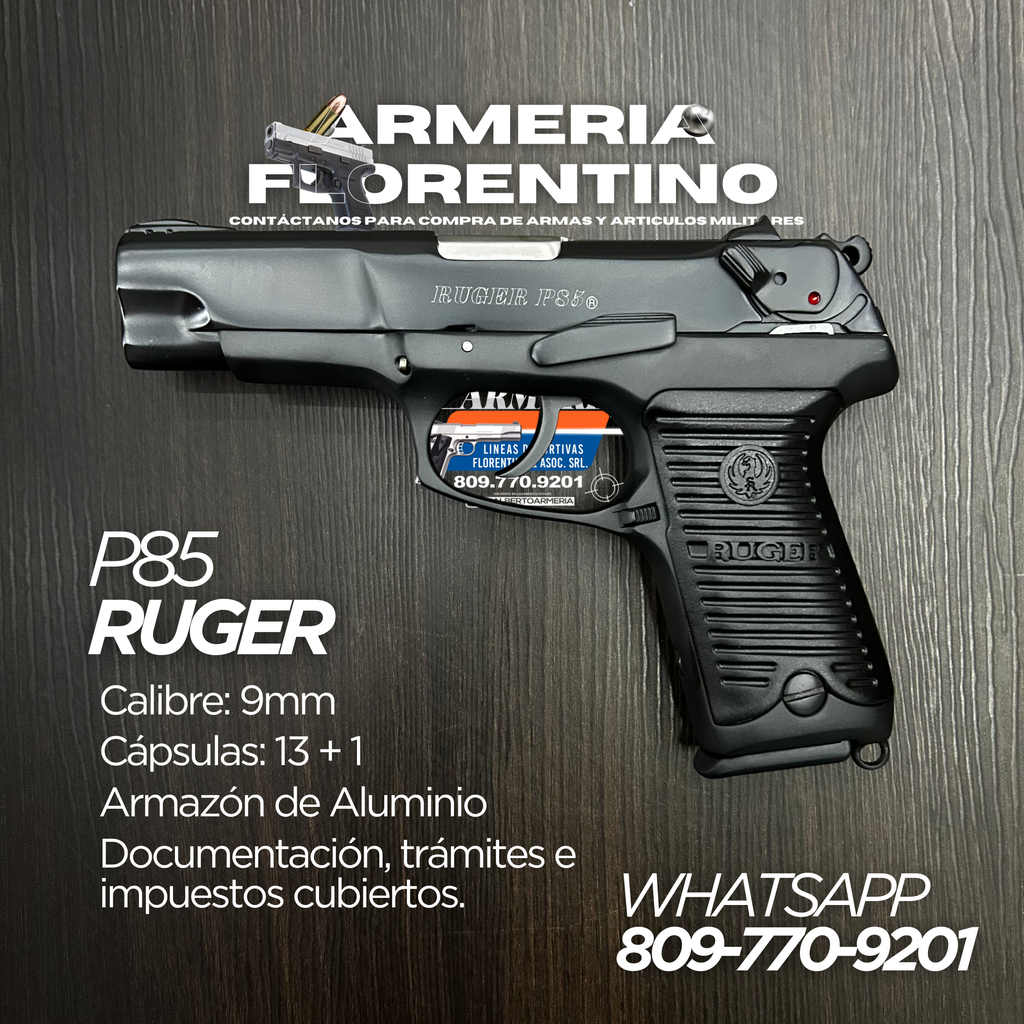 PISTOLA RUGER, MODELO P85, CALIBRE 9MM, CAPSULAS: 15 + 1