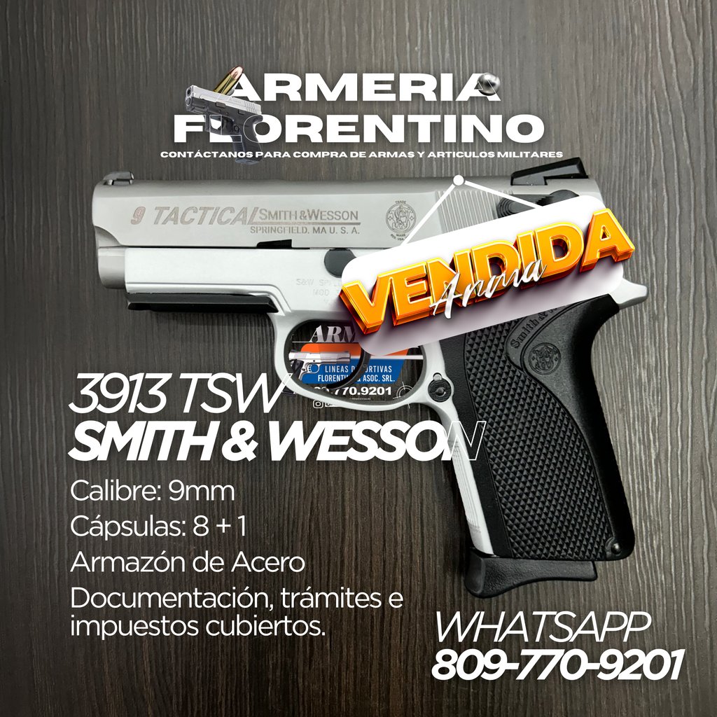 PISTOLA SMITH & WESSON, MODELO 3913 TSW, CALIBRE 9MM, CAPSULAS: 15 + 1