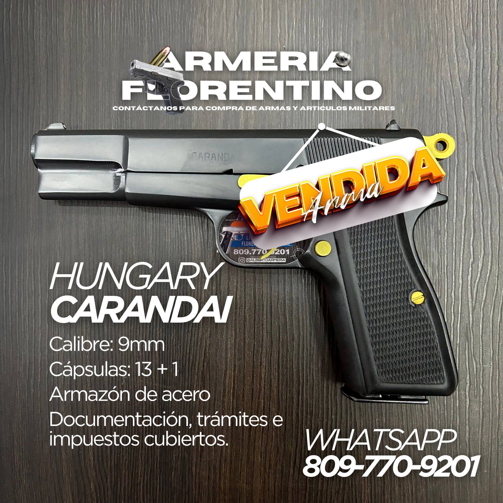 PISTOLA CARANDAI, MODELO 9MM, CAPSULAS: 13 + 1