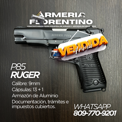 PISTOLA RUGER, MODELO P85, CALIBRE 9MM, CAPSULAS: 15 + 1