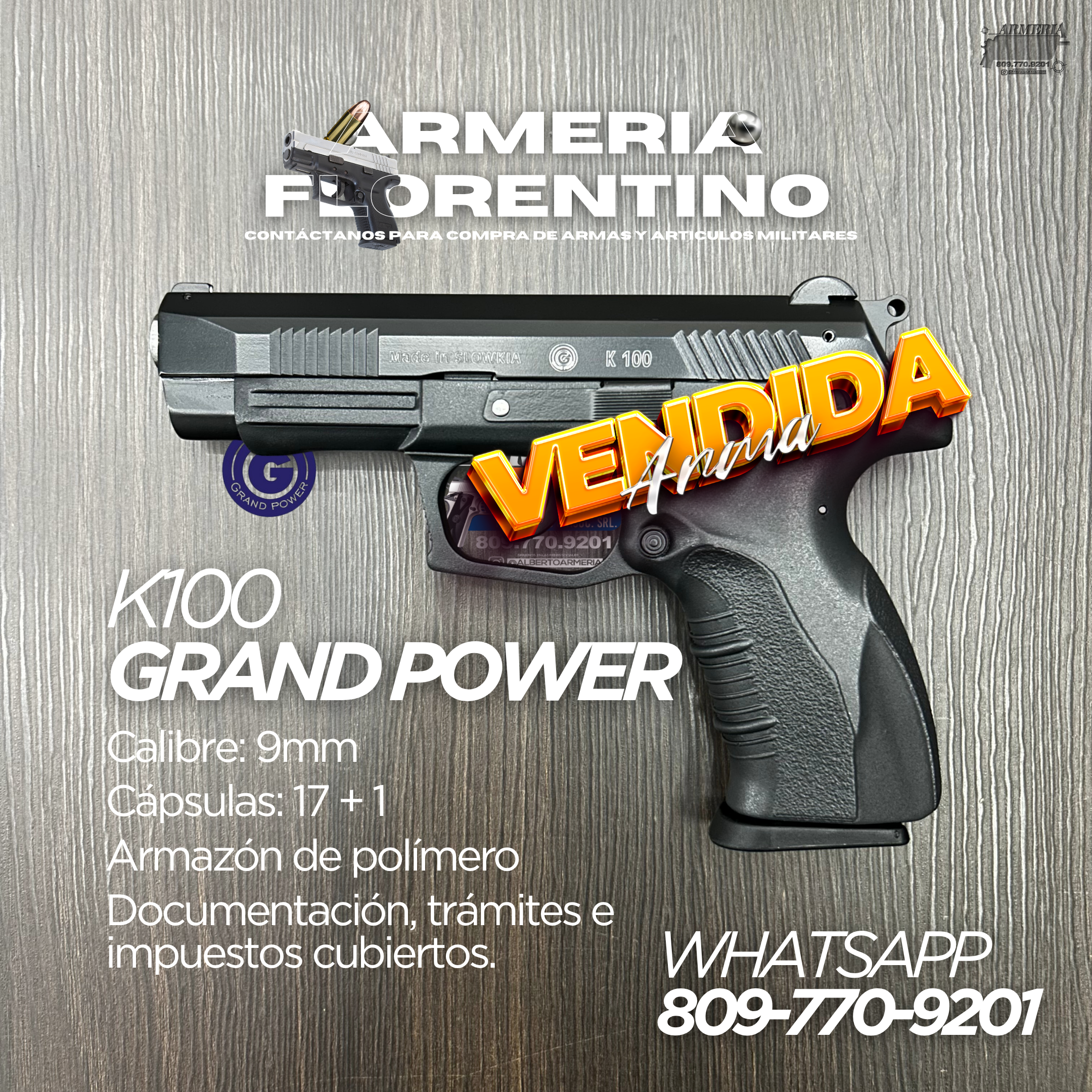 PISTOLA GRAND POWER, MODELO K100, CALIBRE 9MM, CAPSULAS: 17 + 1