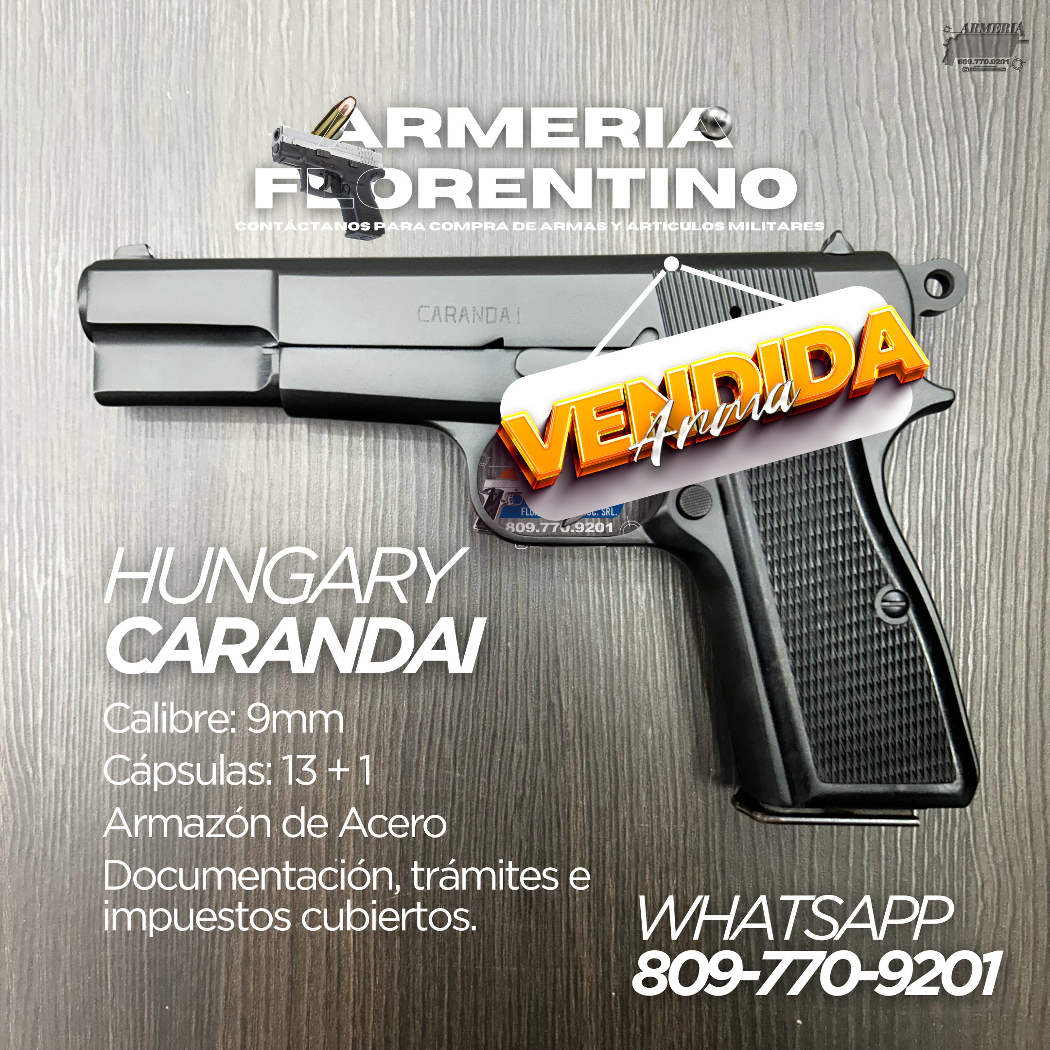 PISTOLA CARANDAI HUNGARY, CALIBRE 9MM, CAPSULAS: 13 + 1