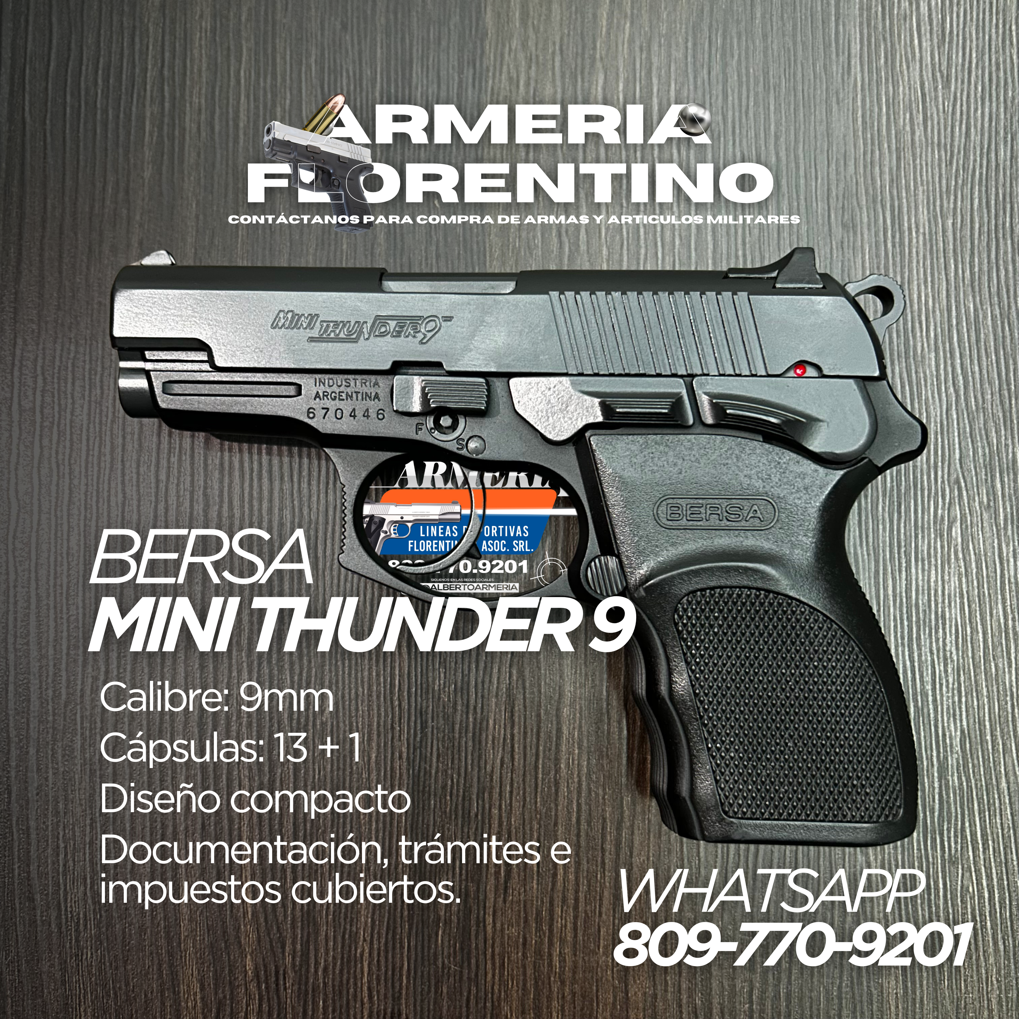 PISTOLA BERSA, MODELO MINI THUNDER, CALIBRE 9MM, CAPSULAS: 13 + 1
