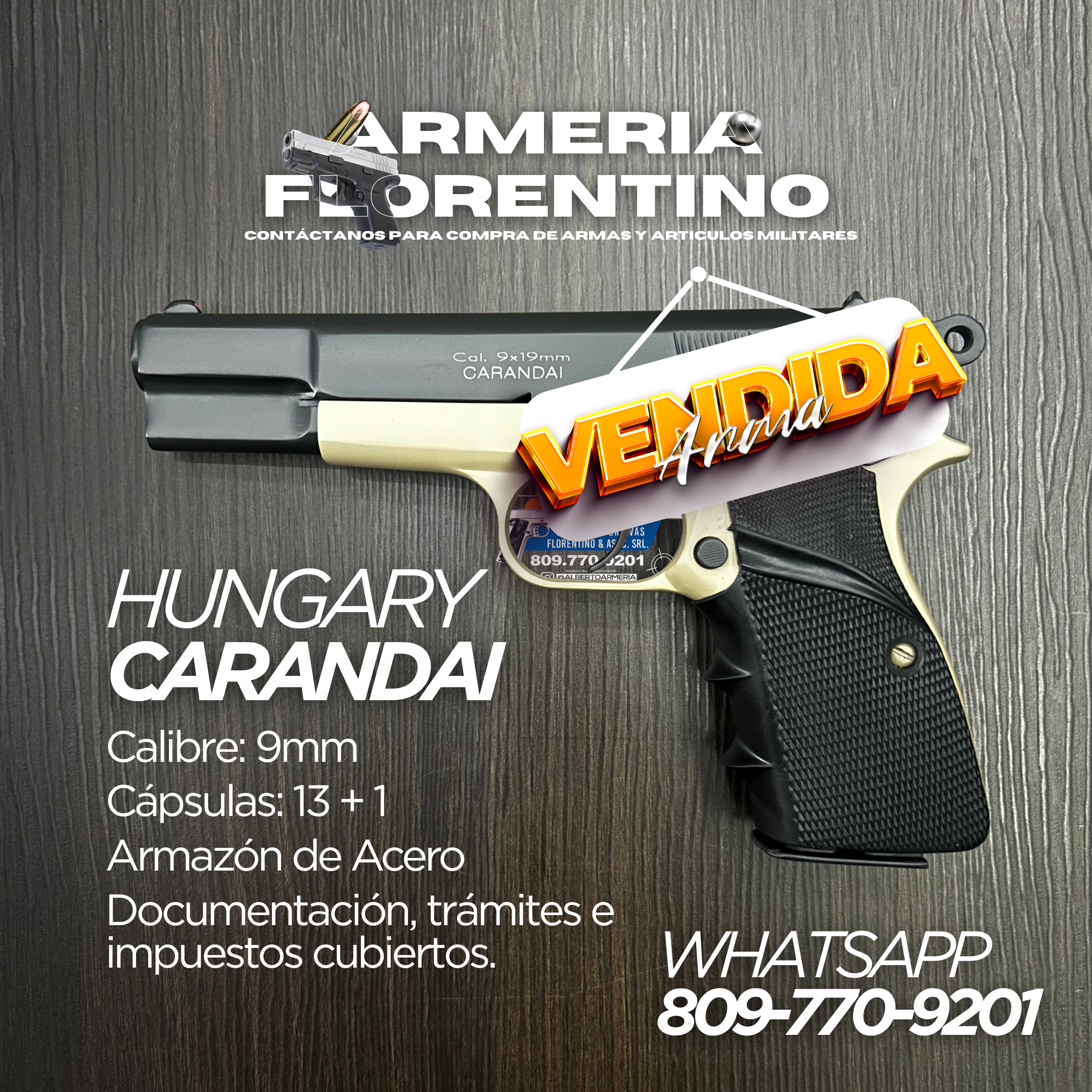 PISTOLA CARANDAI, MODELO 9MM, CAPSULAS: 13 + 1