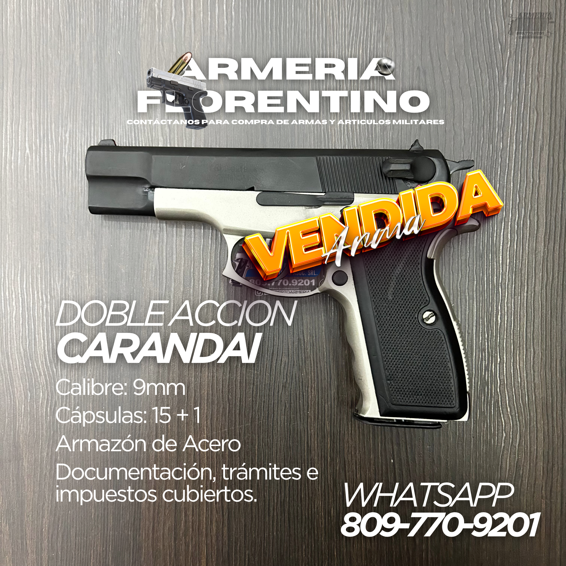 PISTOLA CARANDAI,  MODELO DOBLE ACCION, CAPSULAS: 15 + 1