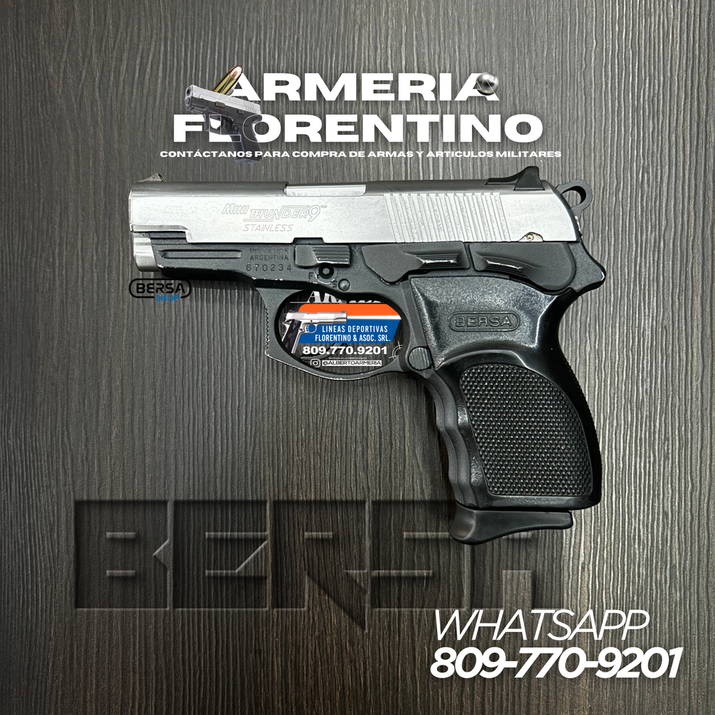 PISTOLA BERSA, MODELO MINI THUNDER STANLESS 9, CALIBRE 9MM, CAPSULAS: 13 + 1