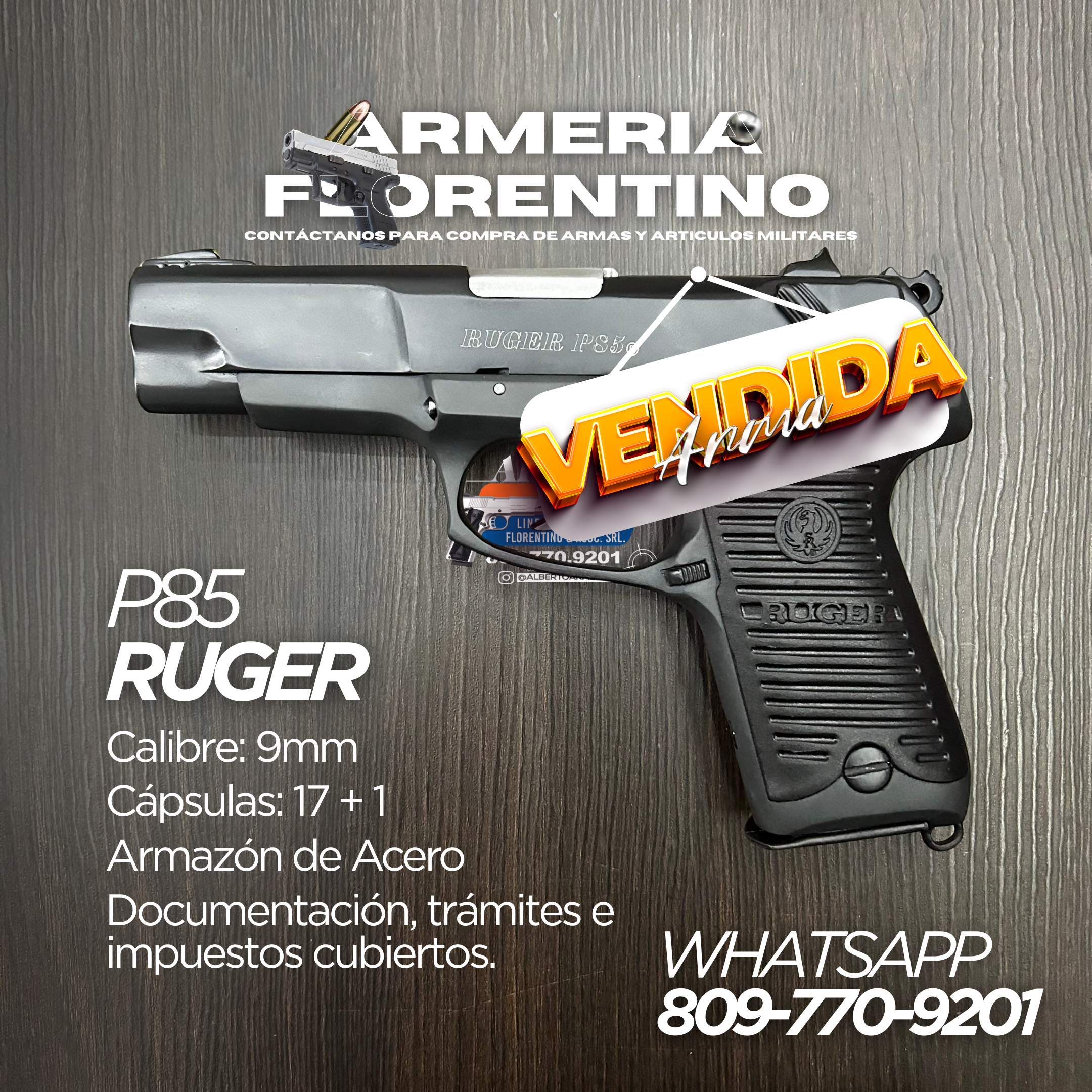 PISTOLA RUGER, MODELO P85, CALIBRE 9MM, CÁPSULAS: 15+1