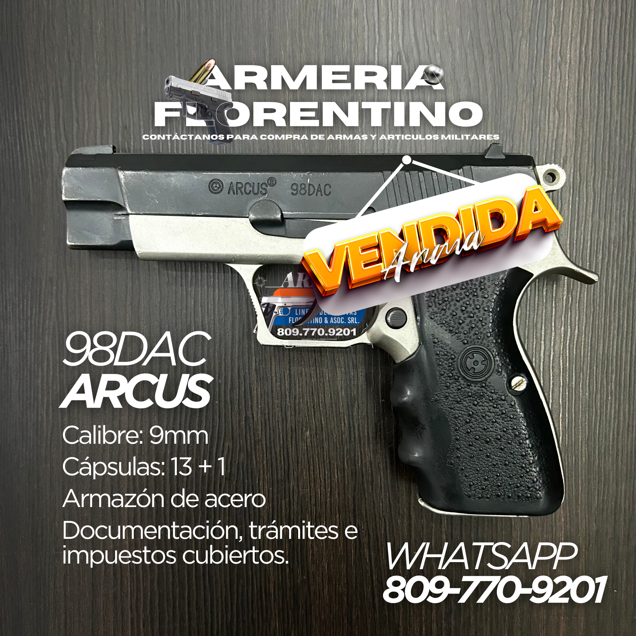 PISTOLA ARCUS, MODELO 98DAC, CALIBRE 9MM, CAPSULAS: 13 + 1