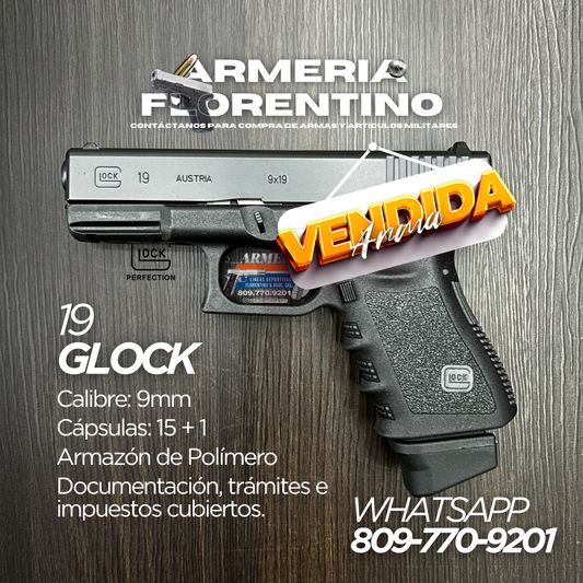 PISTOLA GLOCK, MODELO 19 (3RA GENERACIÓN), CALIBRE 9MM, CAPSULAS: 15 + 1
