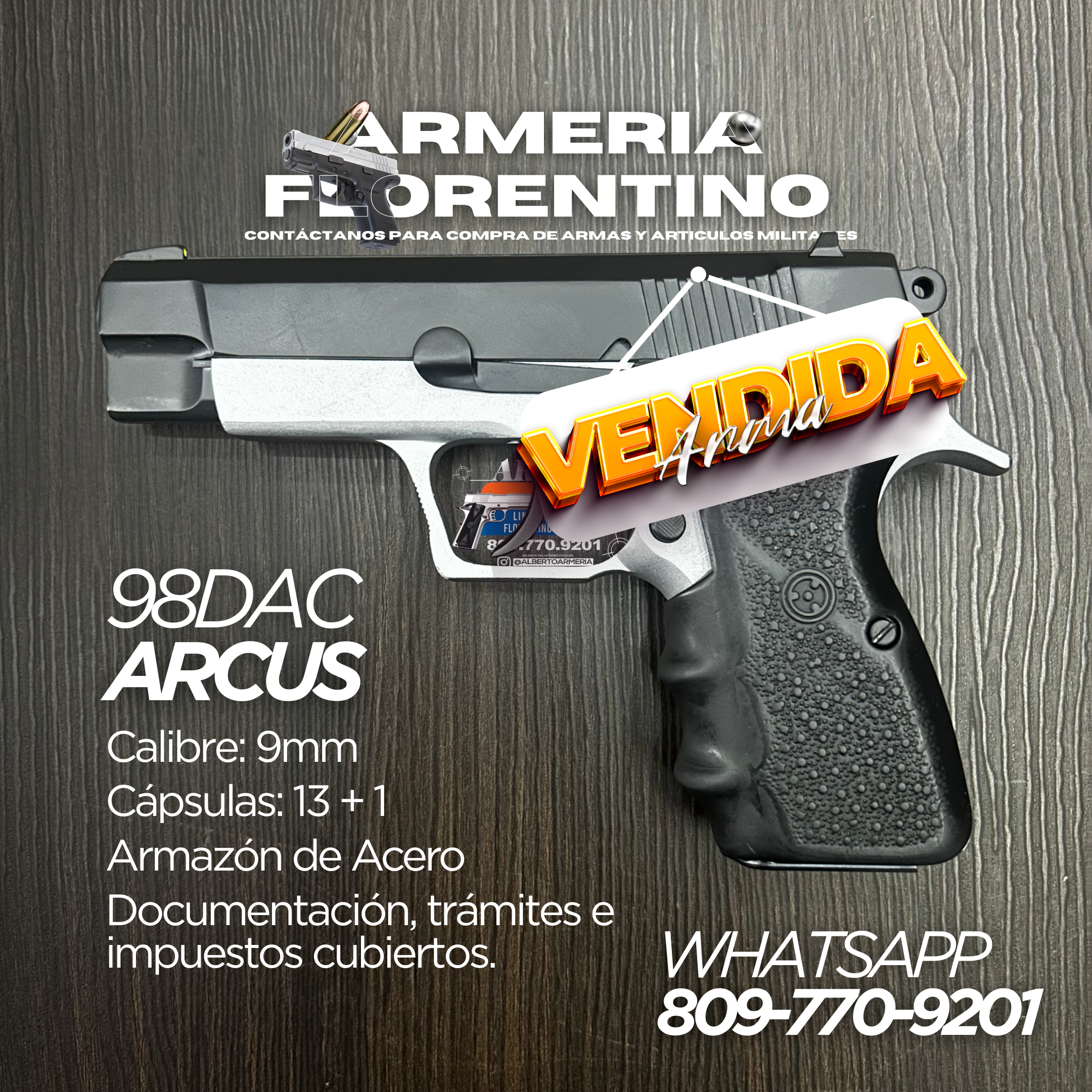 PISTOLA ARCUS, MODELO 98DAC, CALIBRE 9MM, CAPSULAS: 13 + 1