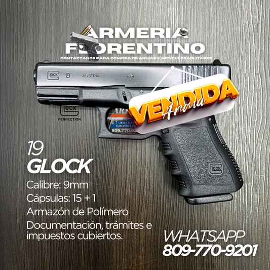 PISTOLA GLOCK, MODELO 19 (3RA GENERACIÓN), CALIBRE 9MM, CAPSULAS: 15 + 1
