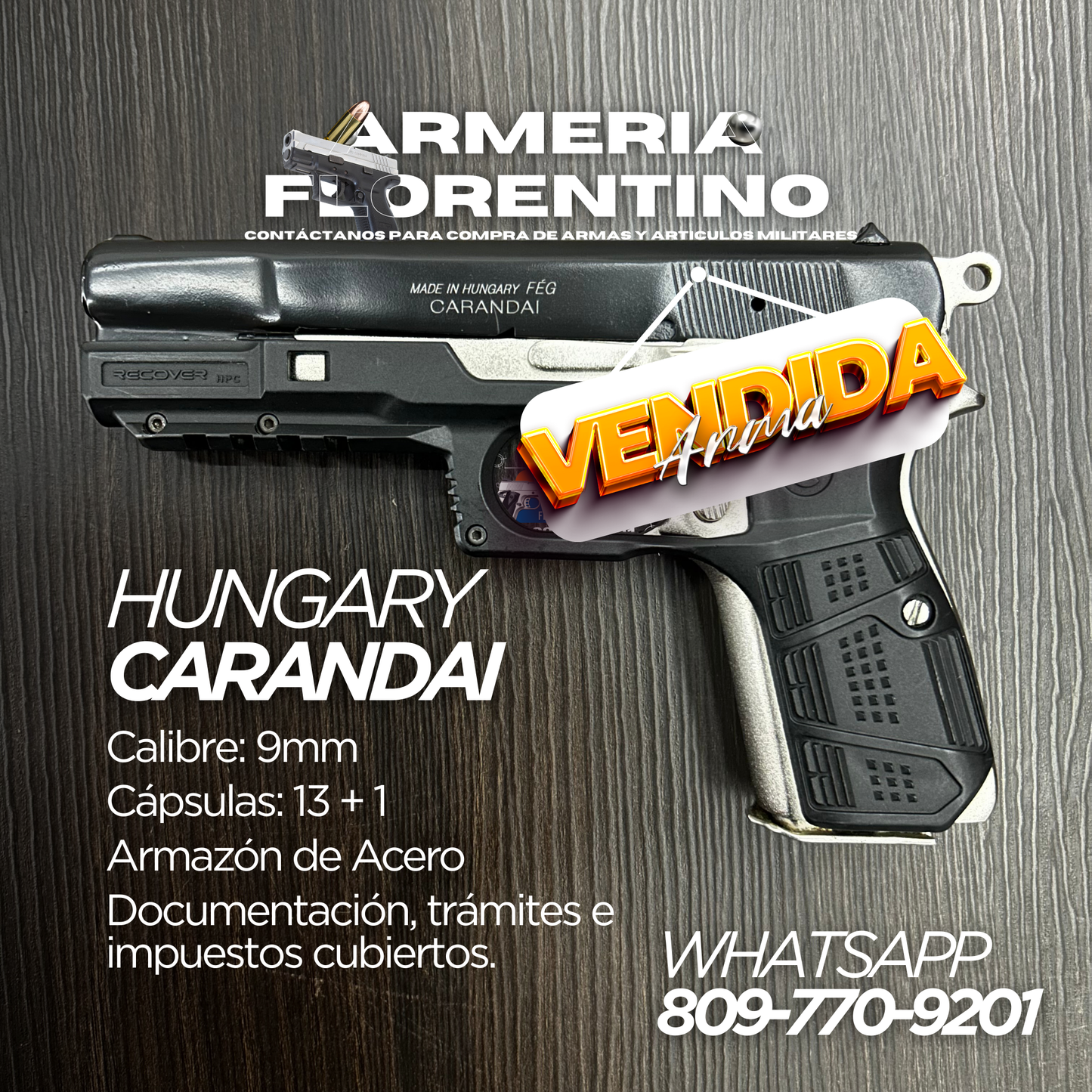 PISTOLA CARANDAI, MODELO 9MM, CAPSULAS: 13 + 1