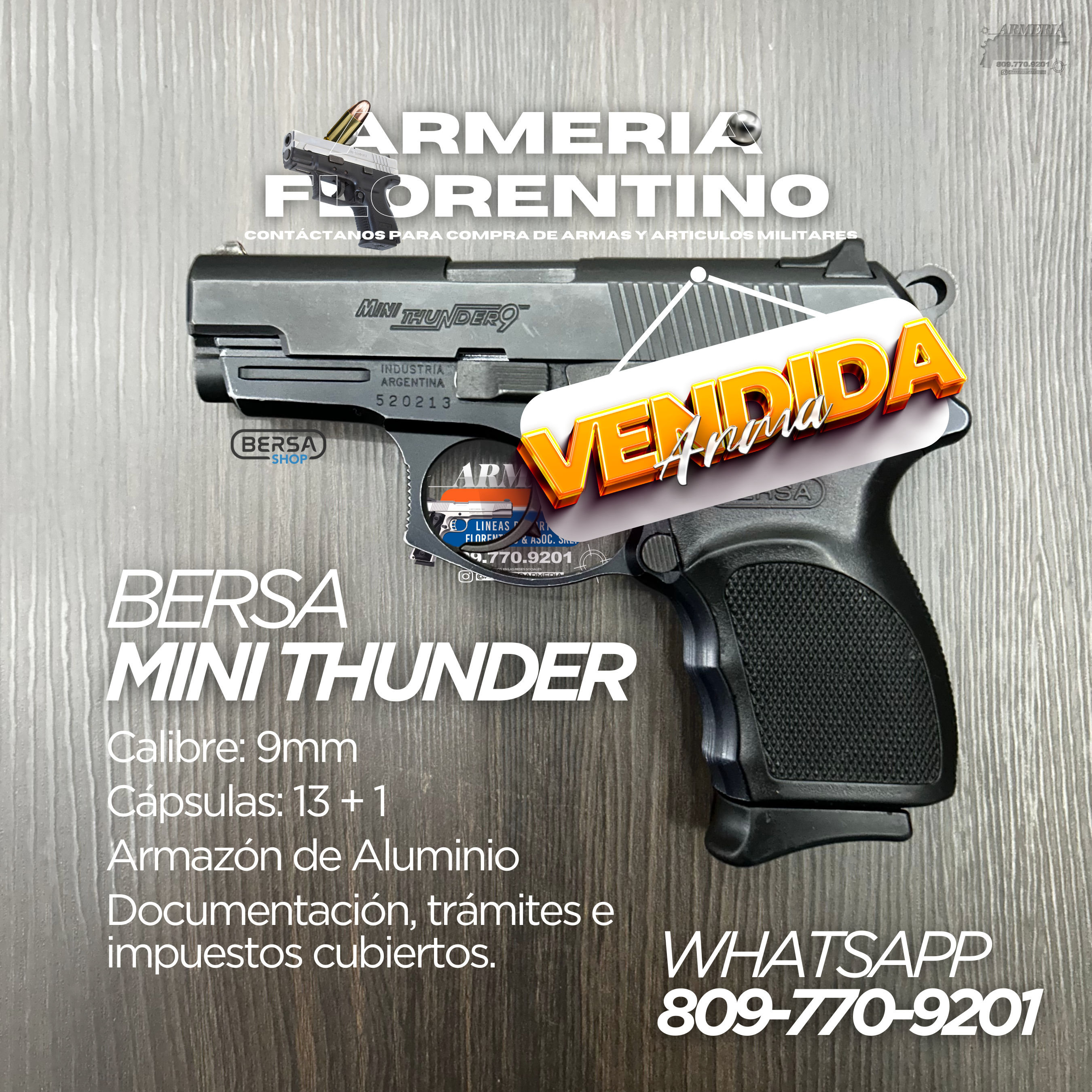 PISTOLA BERSA, MODELO MINI THUNDER 9, CALIBRE 9MM, CAPSULAS: 13 + 1