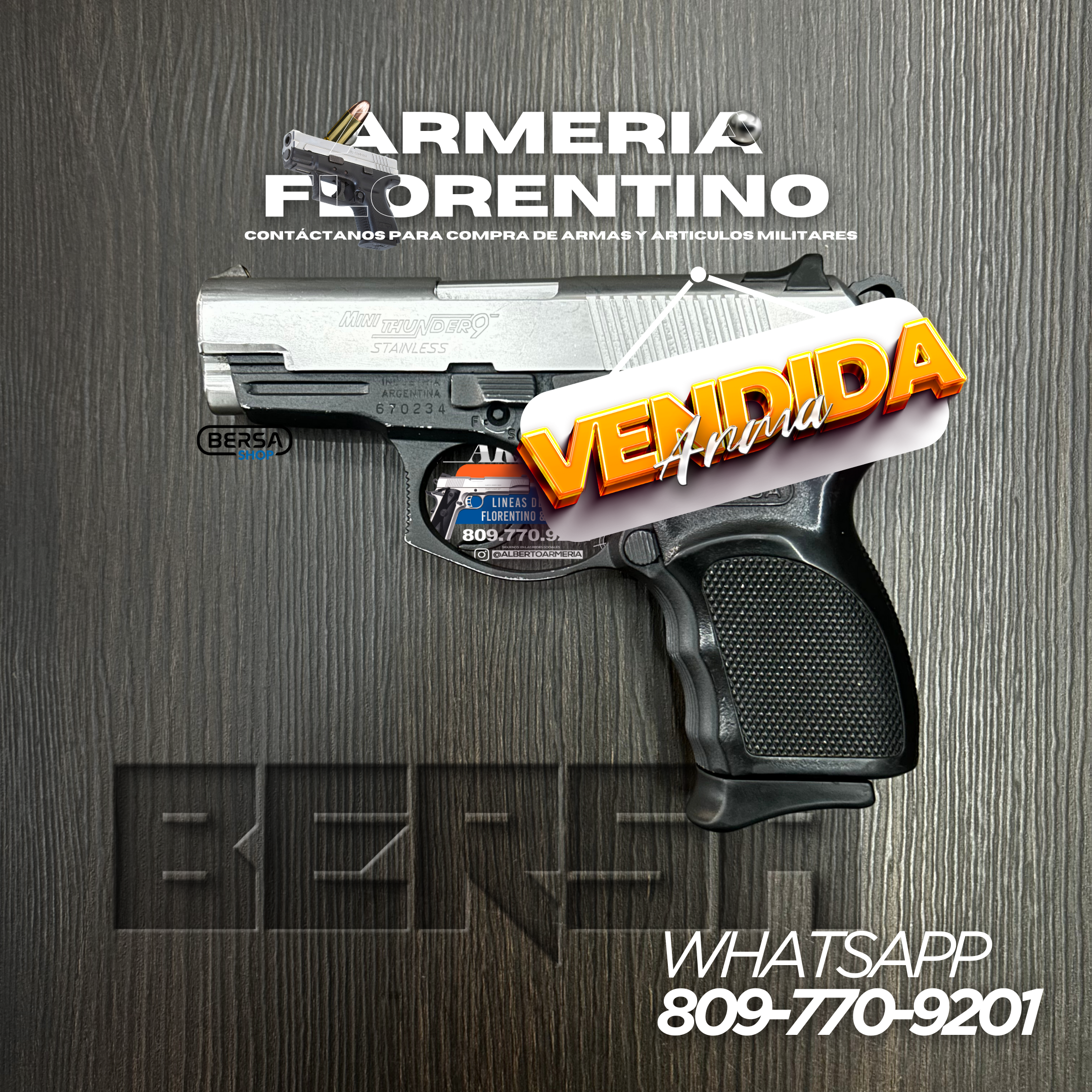 PISTOLA BERSA, MODELO MINI THUNDER STANLESS 9, CALIBRE 9MM, CAPSULAS: 13 + 1