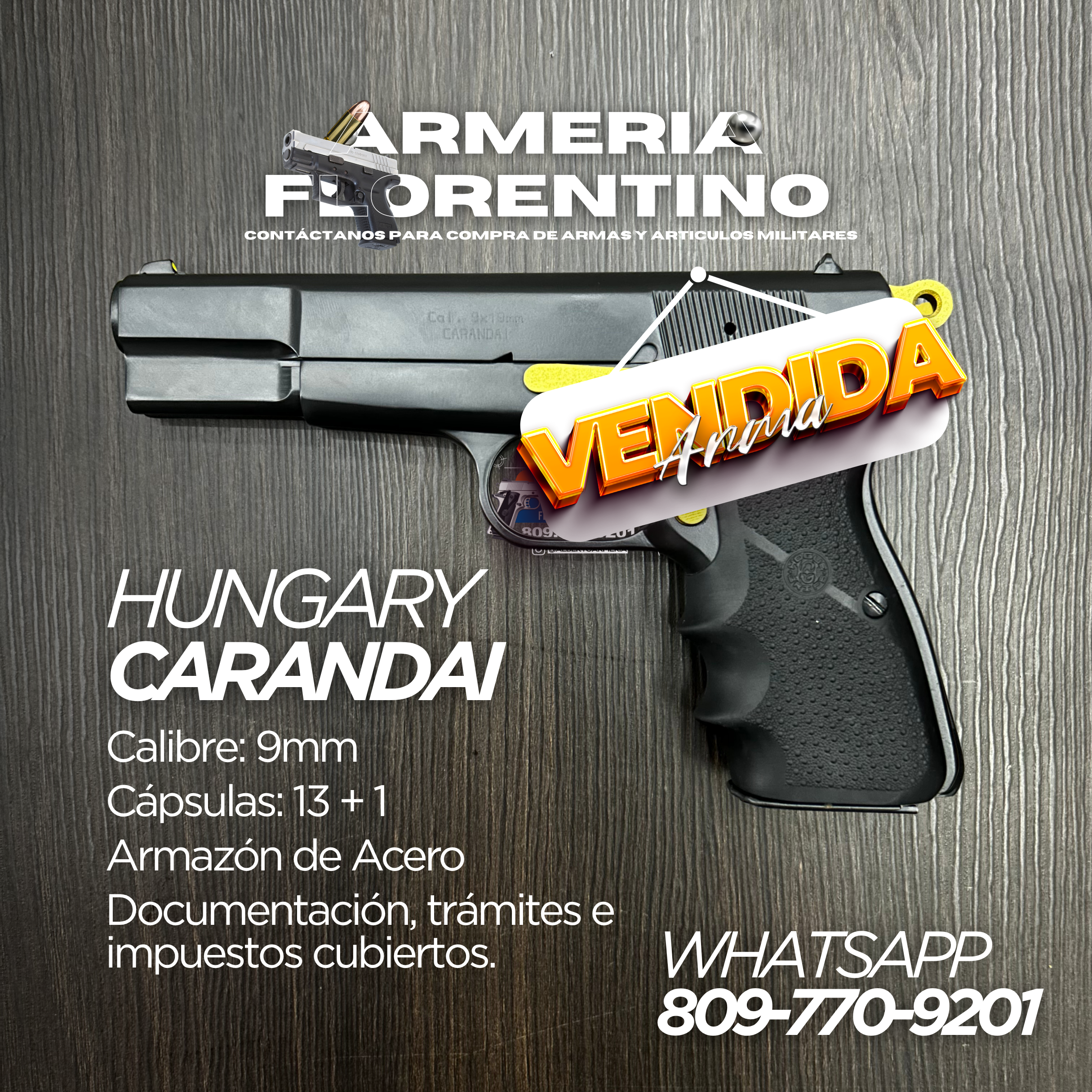 PISTOLA CARANDAI, MODELO 9MM, CAPSULAS: 13 + 1