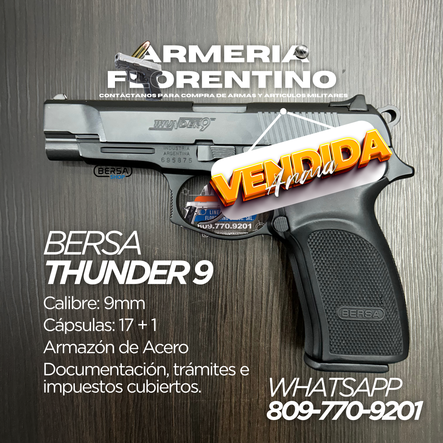 PISTOLA BERSA, MODELO THUNDER 9, CALIBRE 9MM, CAPSULAS: 17 + 1