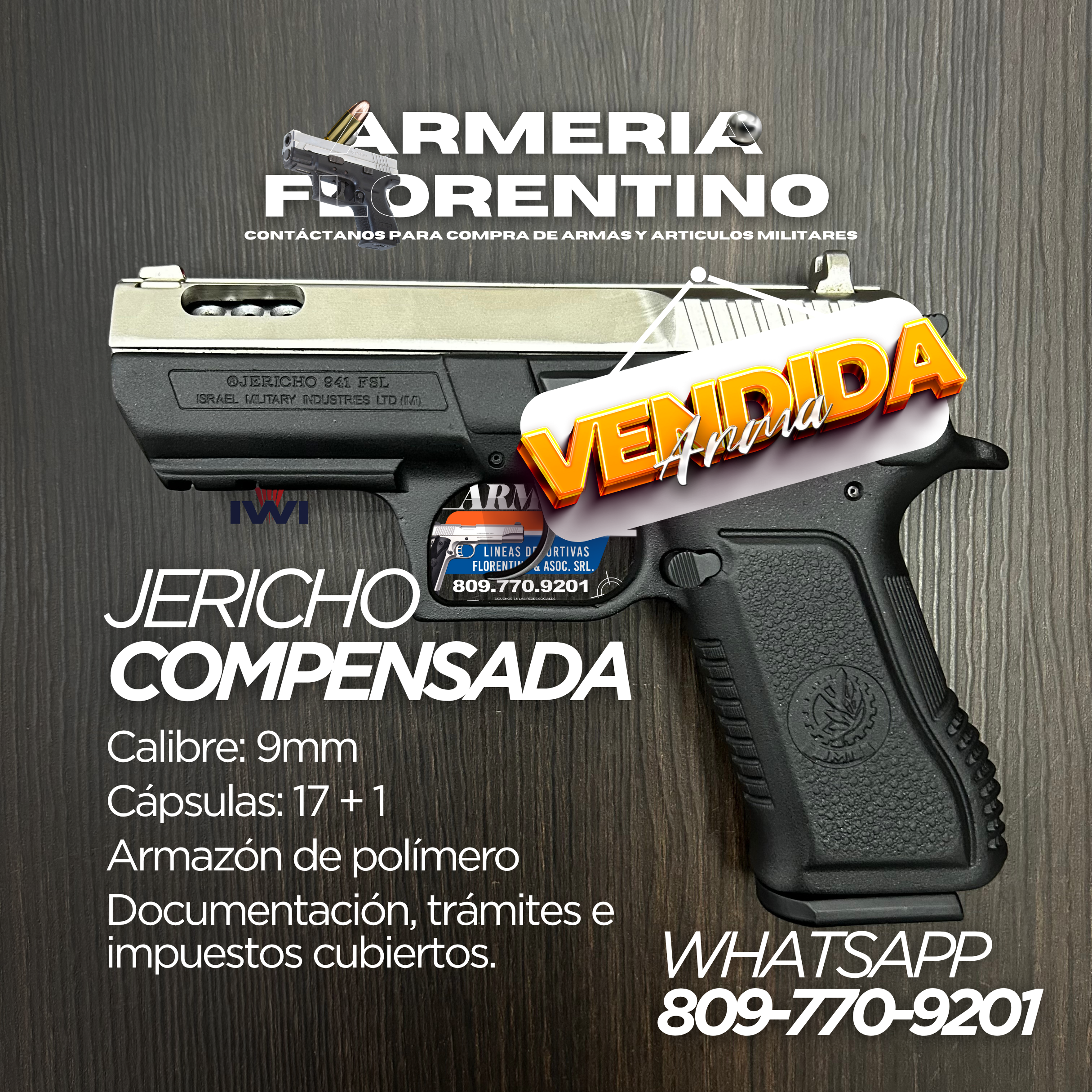PISTOLA JERICHO, MODELO COMPENSADA, CALIBRE 9MM, CAPSULAS: 15 + 1