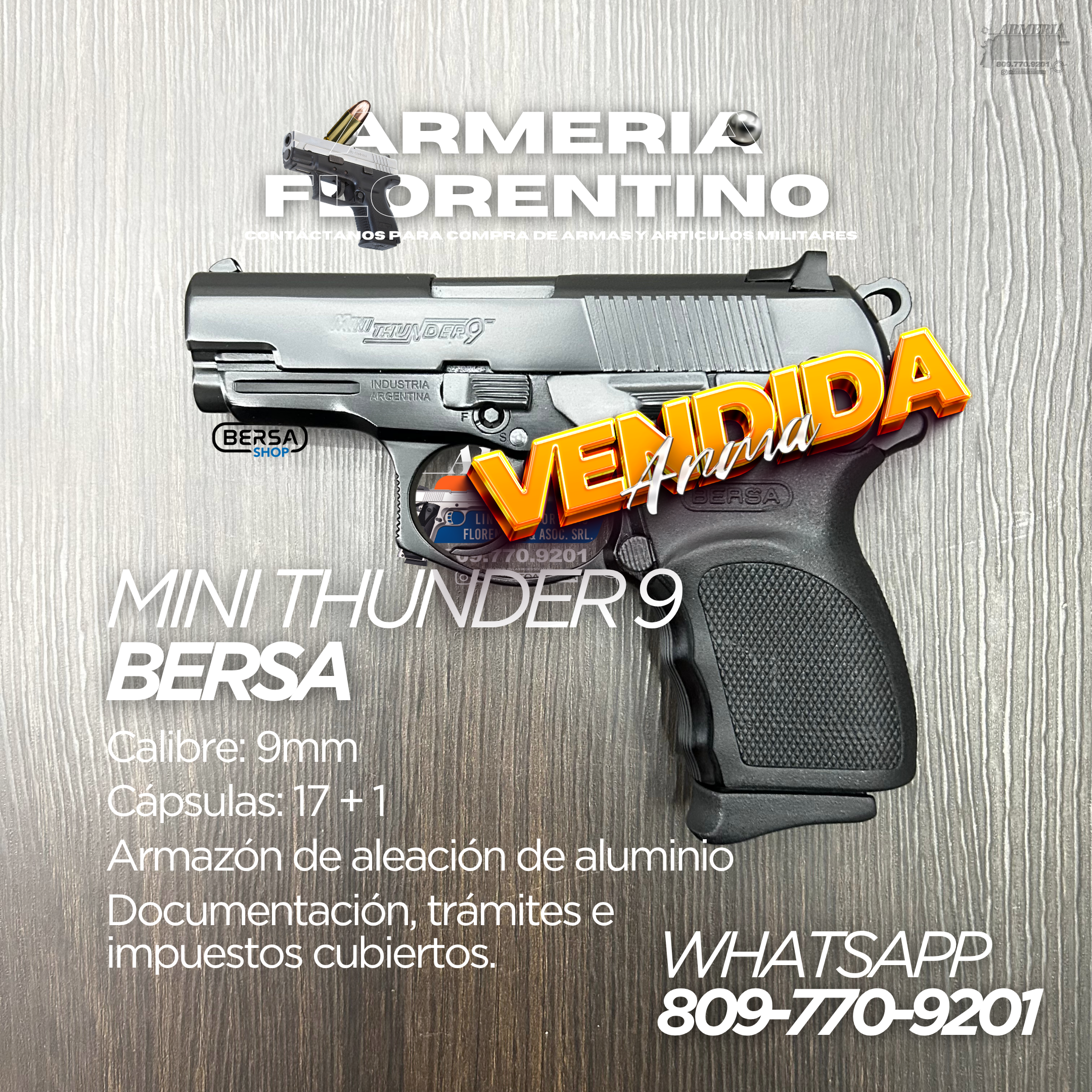 PISTOLA BERSA, MODELO MINI THUNDER, CALIBRE: 9MM, CAPSULAS 13 + 1