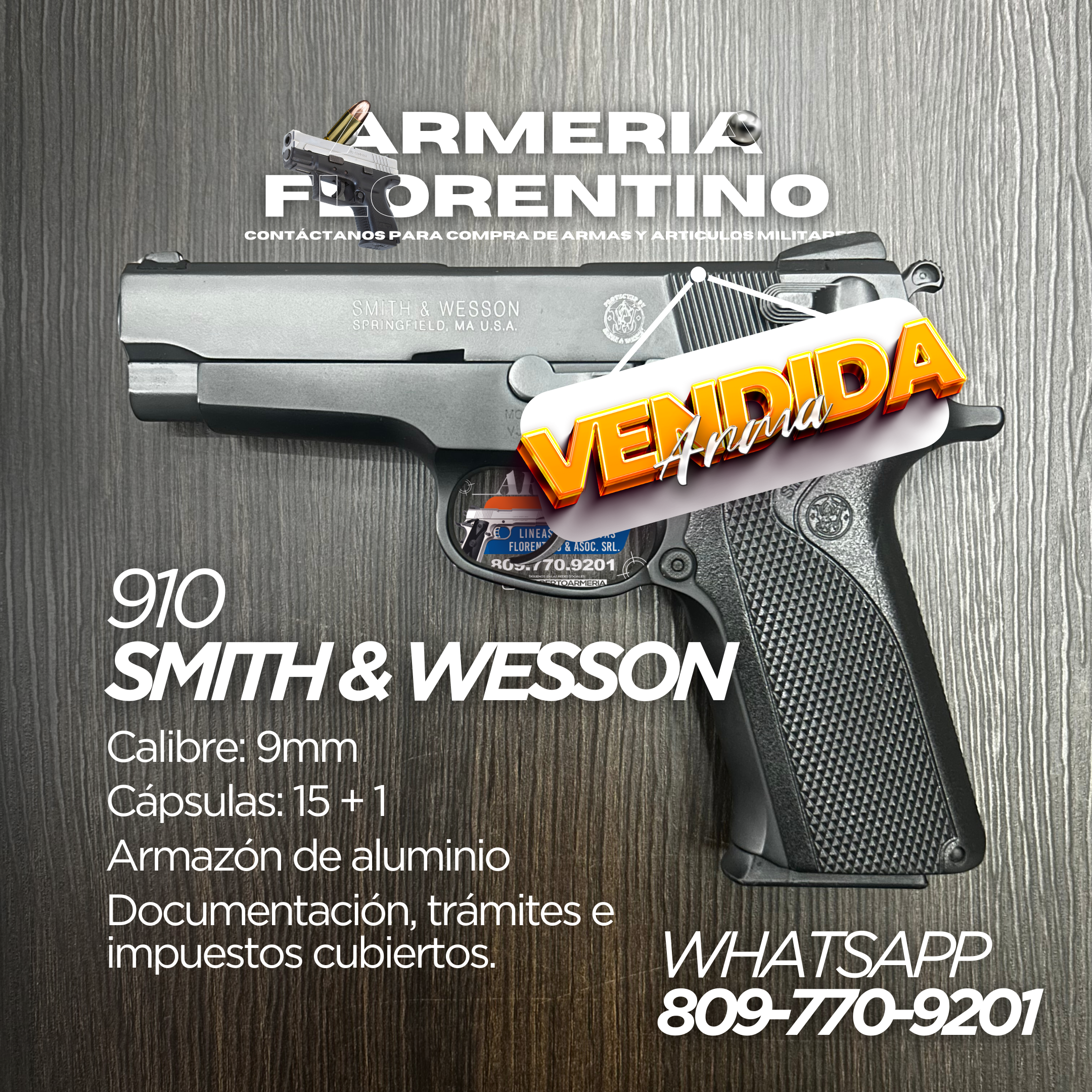 PISTOLA SMITH & WESSON, MODELO 910, CALIBRE 9MM, CAPSULAS: 15 + 1