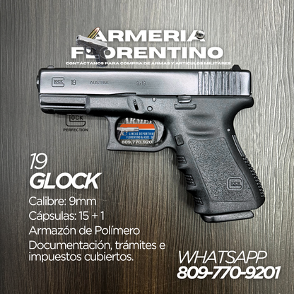 PISTOLA GLOCK, MODELO 19 (3RA GENERACIÓN), CALIBRE 9MM, CAPSULAS: 15 + 1