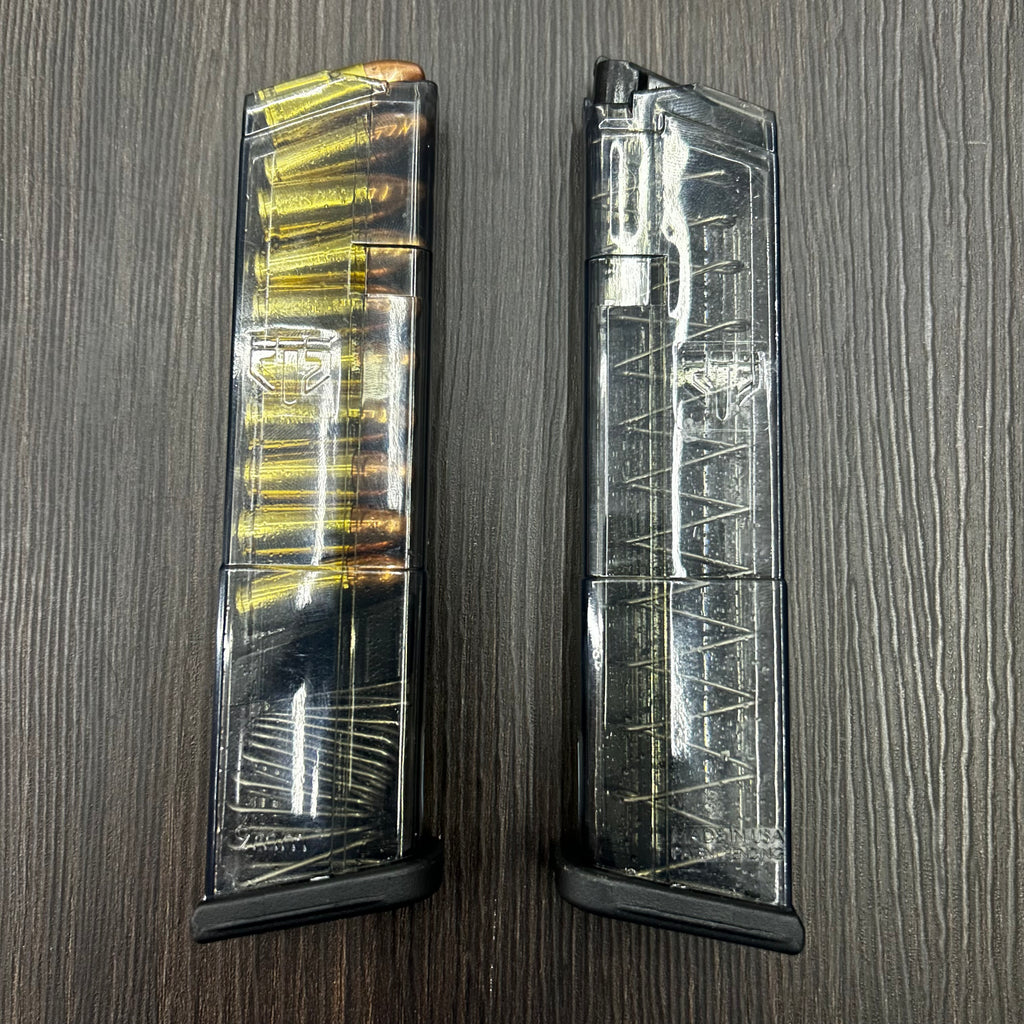 CARGADOR TRANSPARENTE PARA PISTOLAS GLOCK 43 Y 23, CALIBRE 9MM