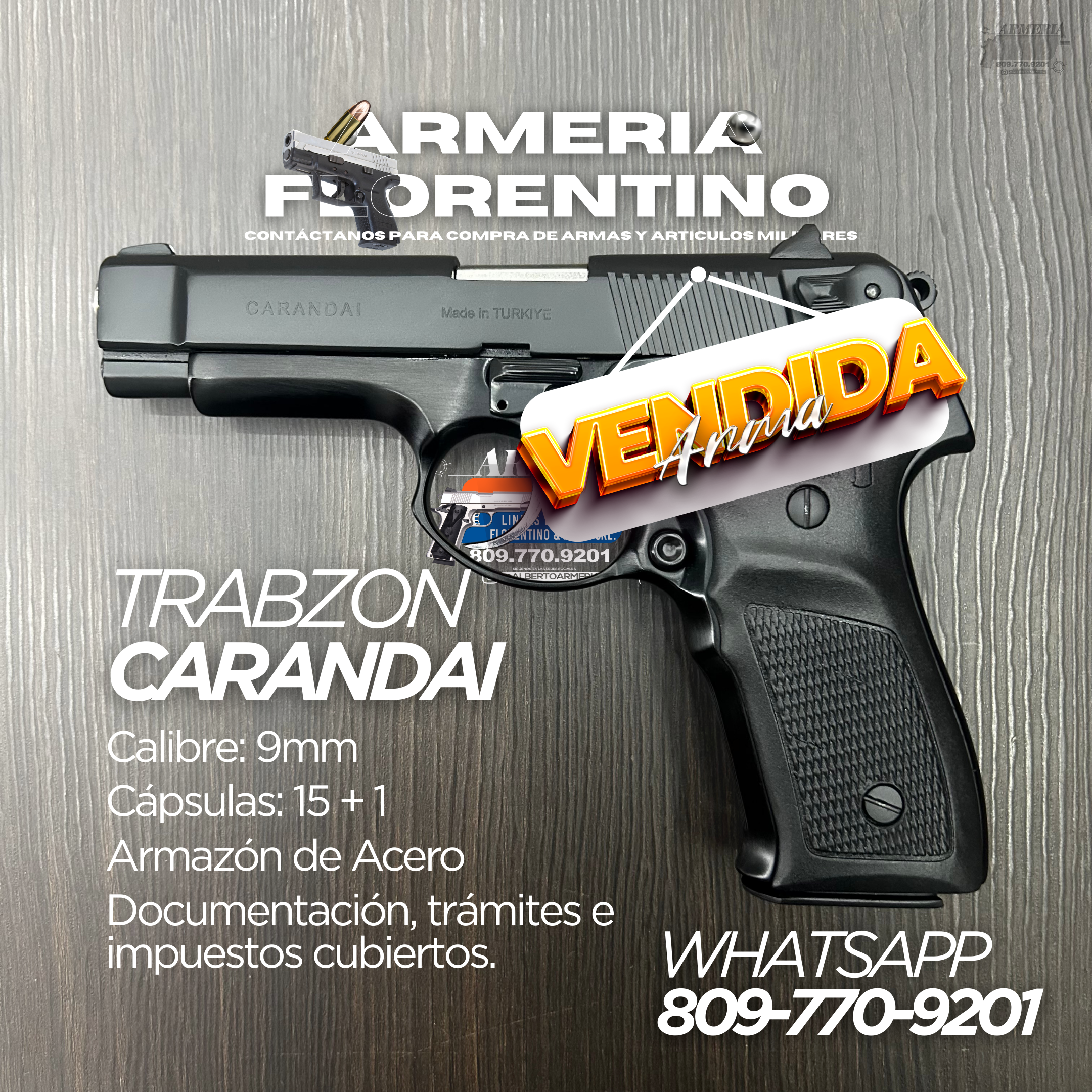 PISTOLA CARANDAI, MODELO TRABZON, CALIBRE 9MM, CAPSULAS: 15 CAPSULAS