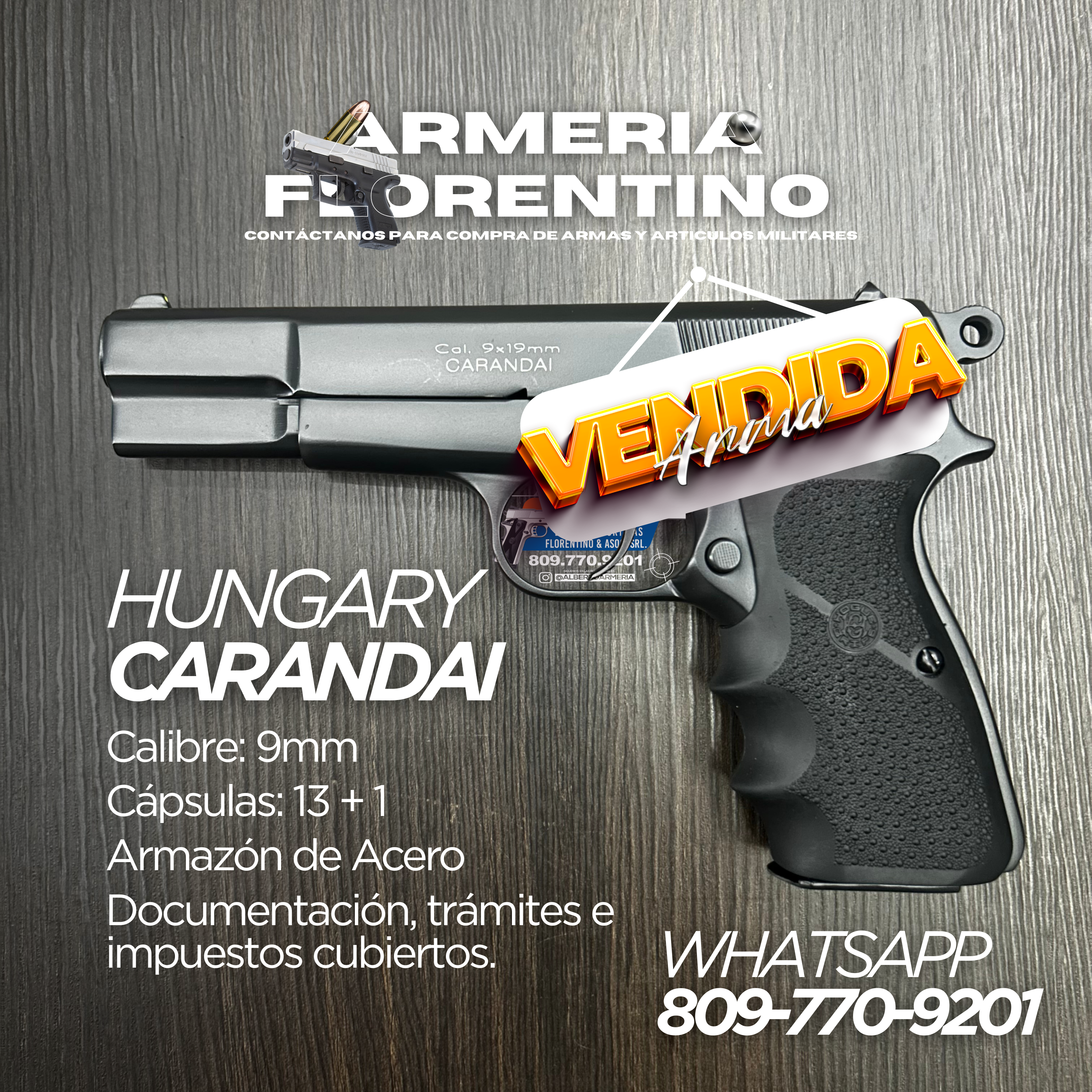 PISTOLA CARANDAI, MODELO 9MM, CAPSULAS: 13 + 1