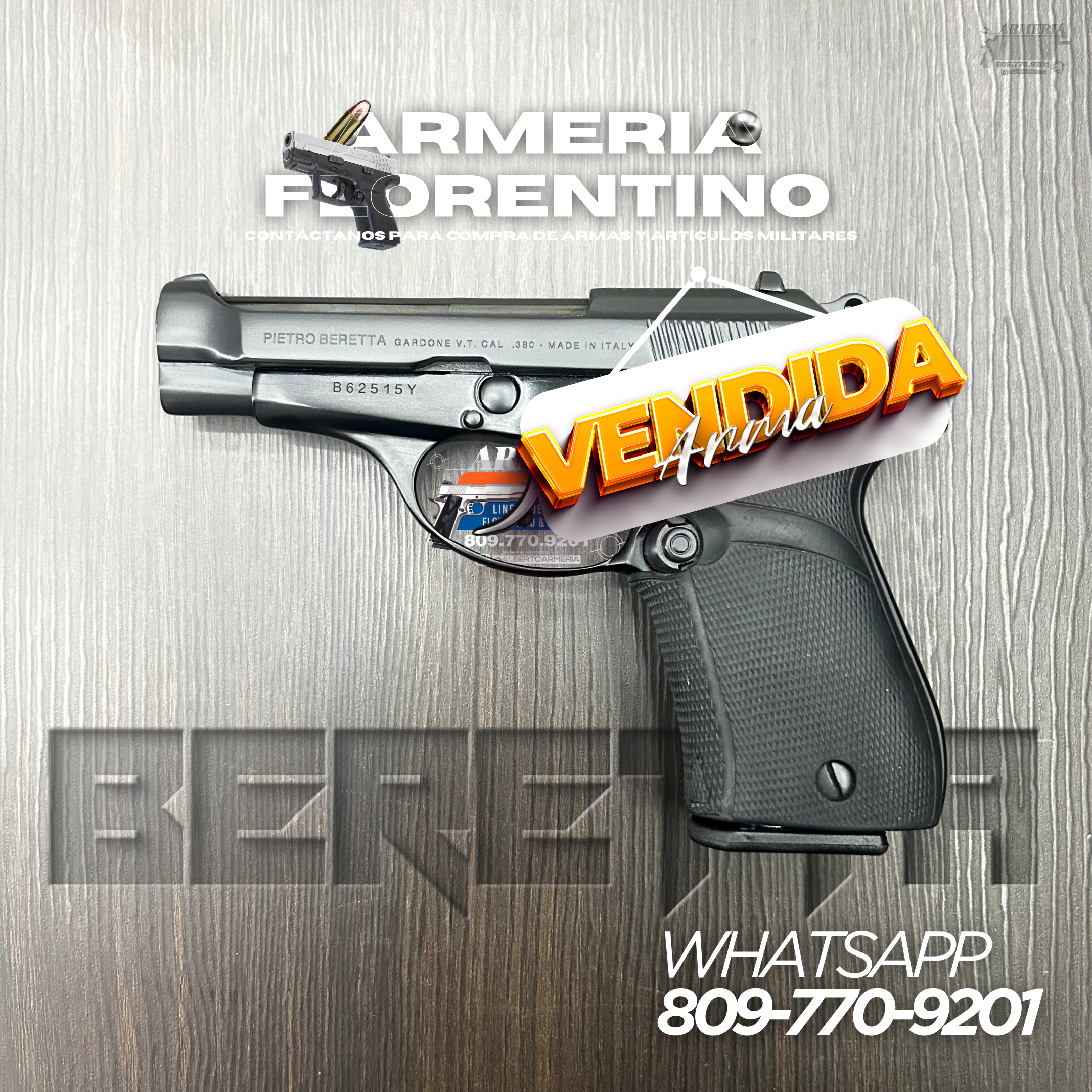 PISTOLA PIETRO BERETTA, MODELO .380 ACP, CALIBRE .380 ACP, CAPSULAS: 13 + 1