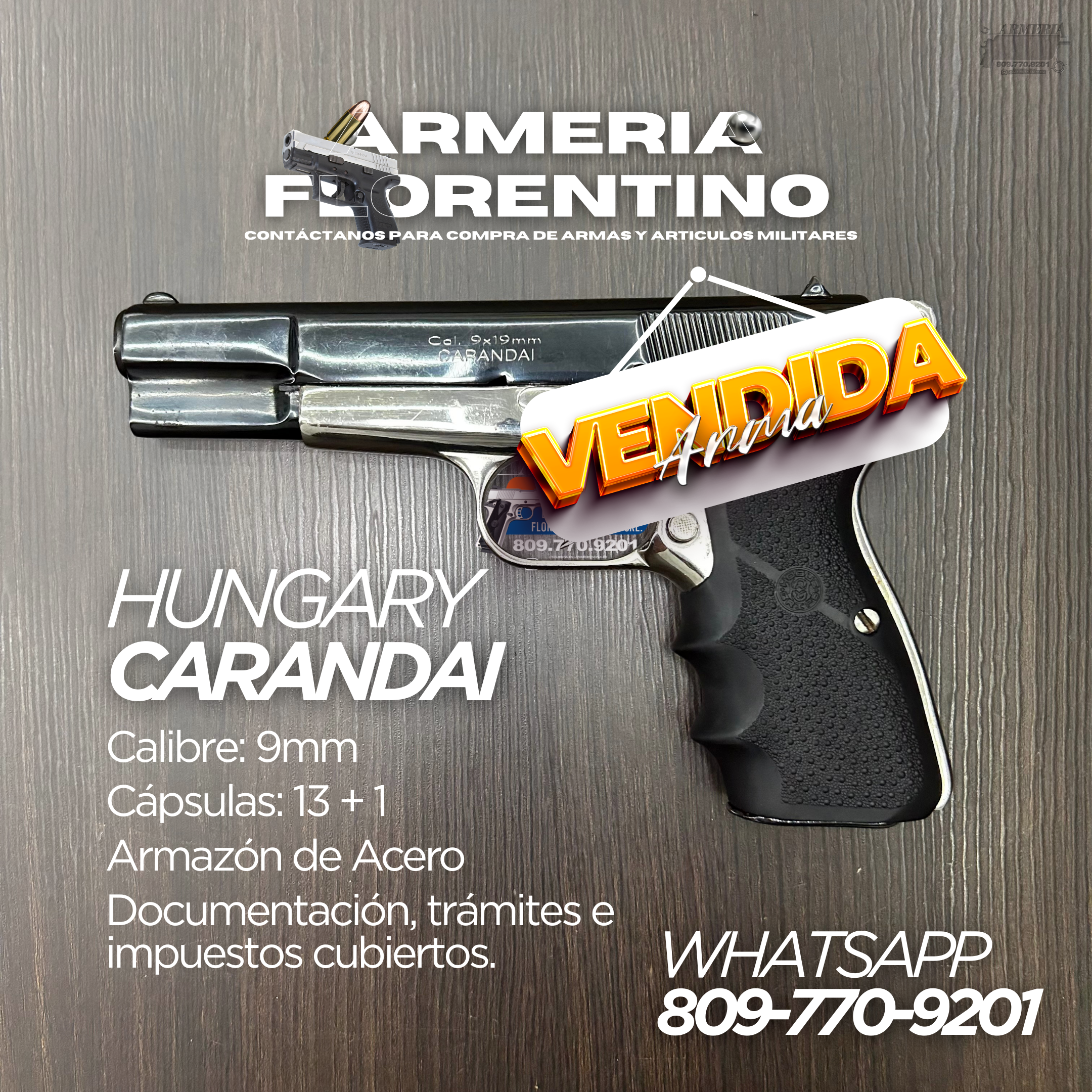 PISTOLA CARANDAI HUNGARY, CALIBRE 9MM, CAPSULAS: 13 + 1