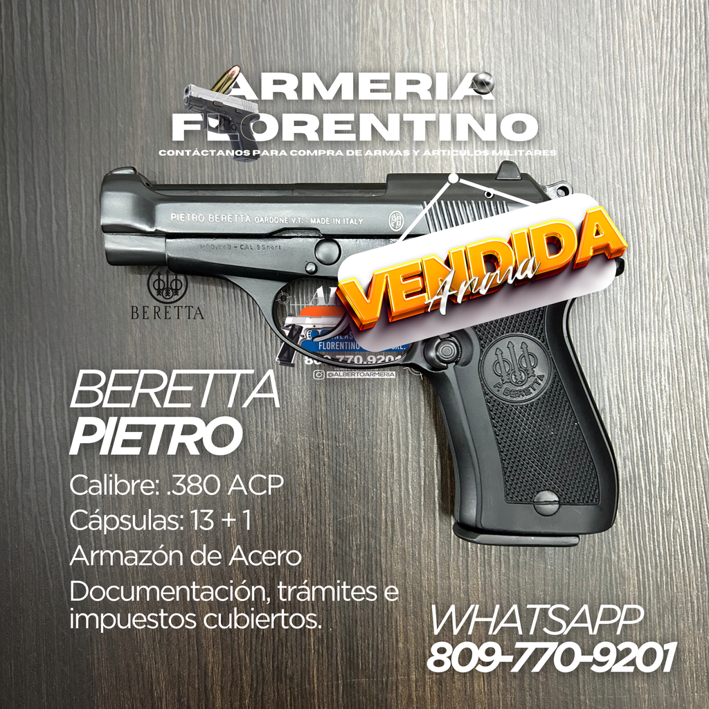 PISTOLA PIETRO BERETTA, MODELO .380 ACP, CALIBRE .380 ACP, CAPSULAS: 13 + 1