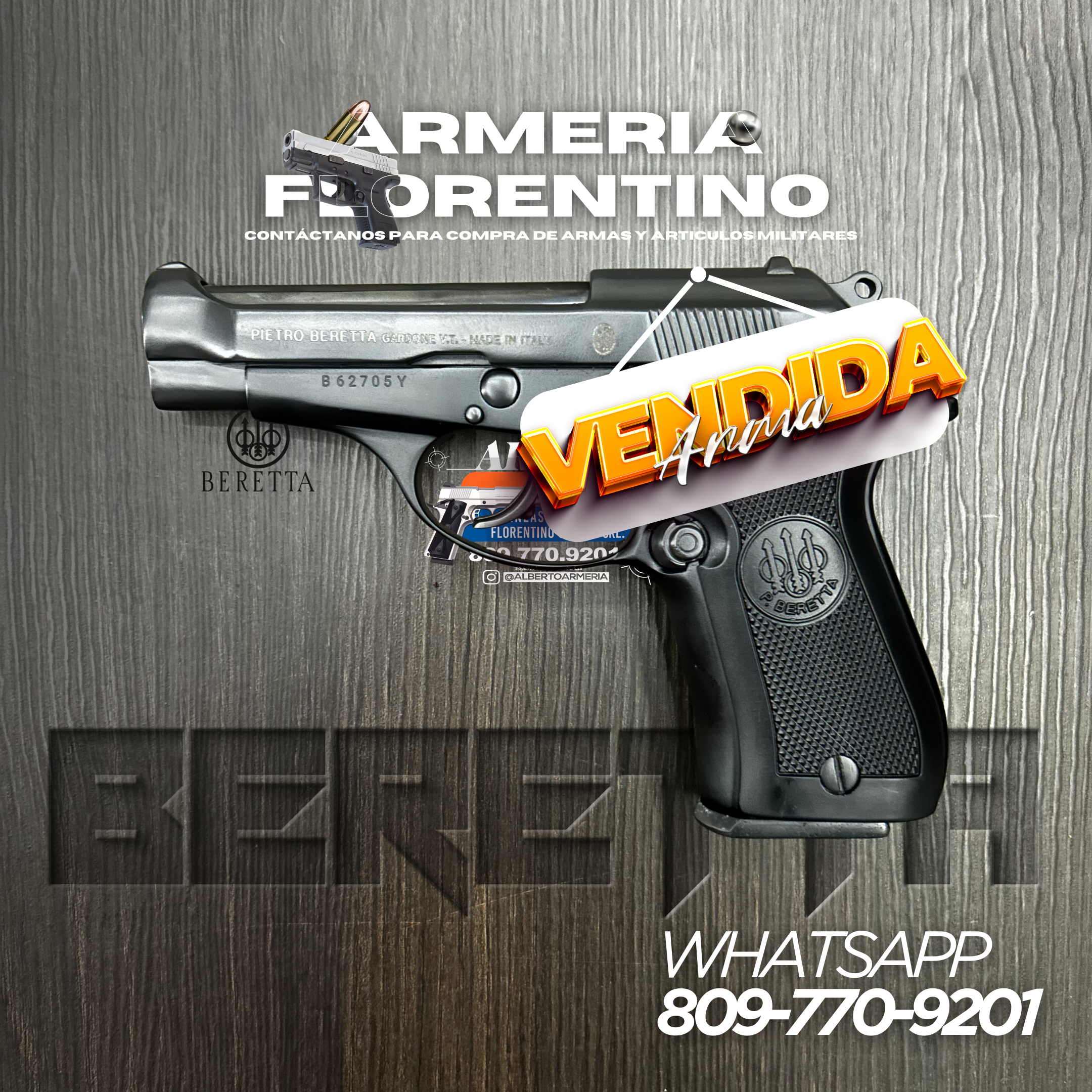 PISTOLA PIETRO BERETTA, MODELO .380 ACP, CALIBRE .380 ACP, CAPSULAS: 13 + 1