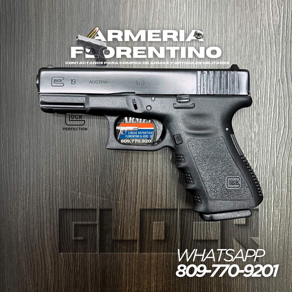 PISTOLA GLOCK, MODELO 19 (3RA GENERACIÓN), CALIBRE 9MM, CAPSULAS: 15 + 1