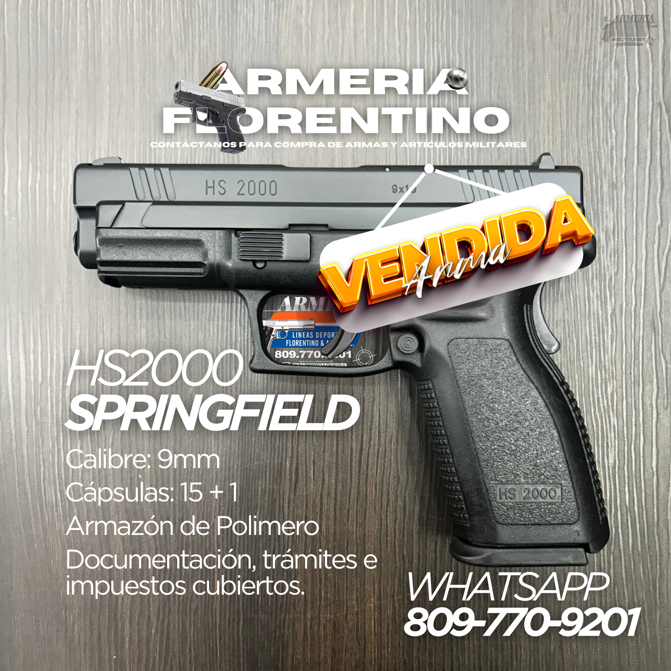PISTOLA SPRINGFIELD, MODELO HS2000 COMPENSADA, CALIBRE 9MM, CAPSULAS: 15 + 1