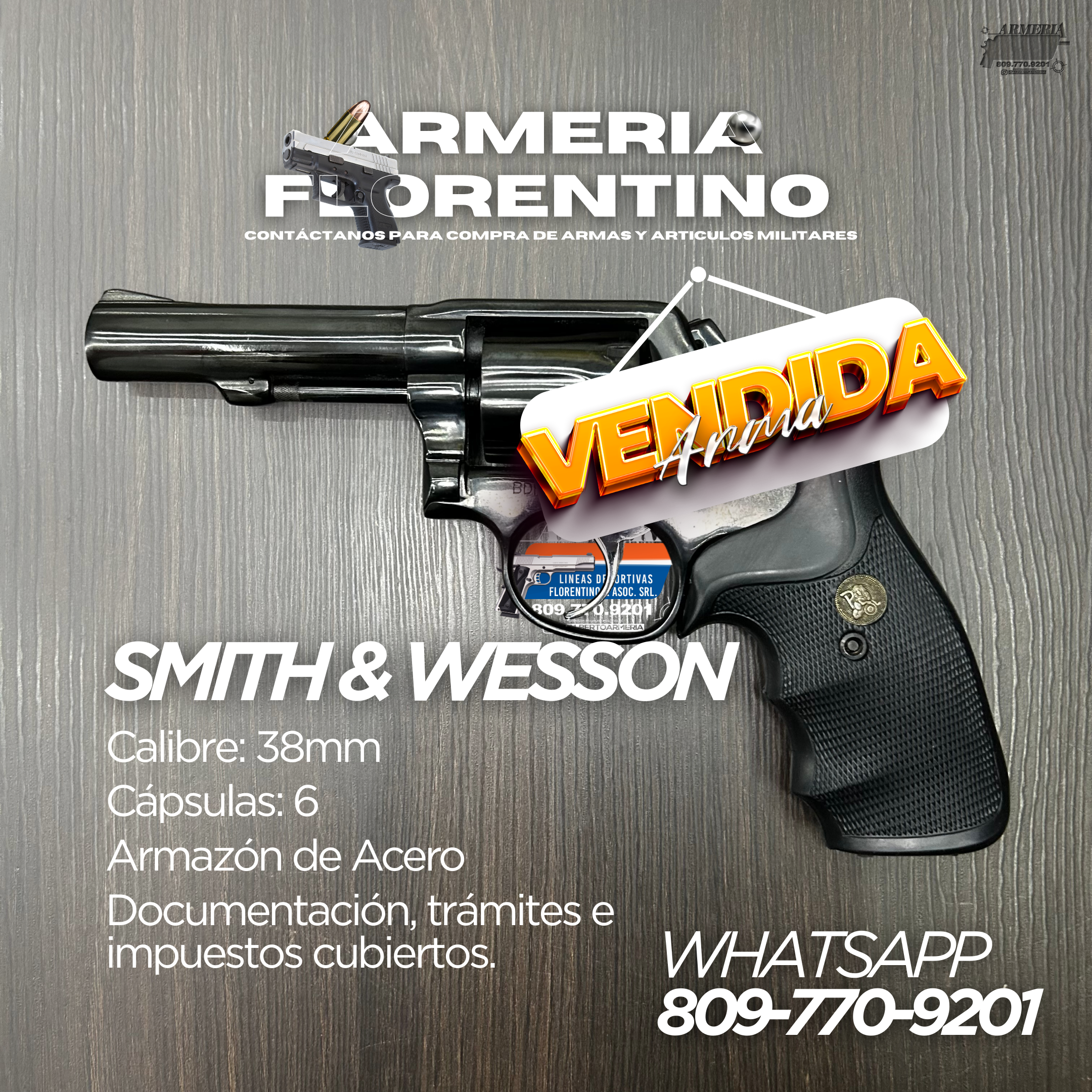 REVÓLVER SMITH & WESSON, NEGRO, CAÑÓN LARGO, CAPSULAS: 6