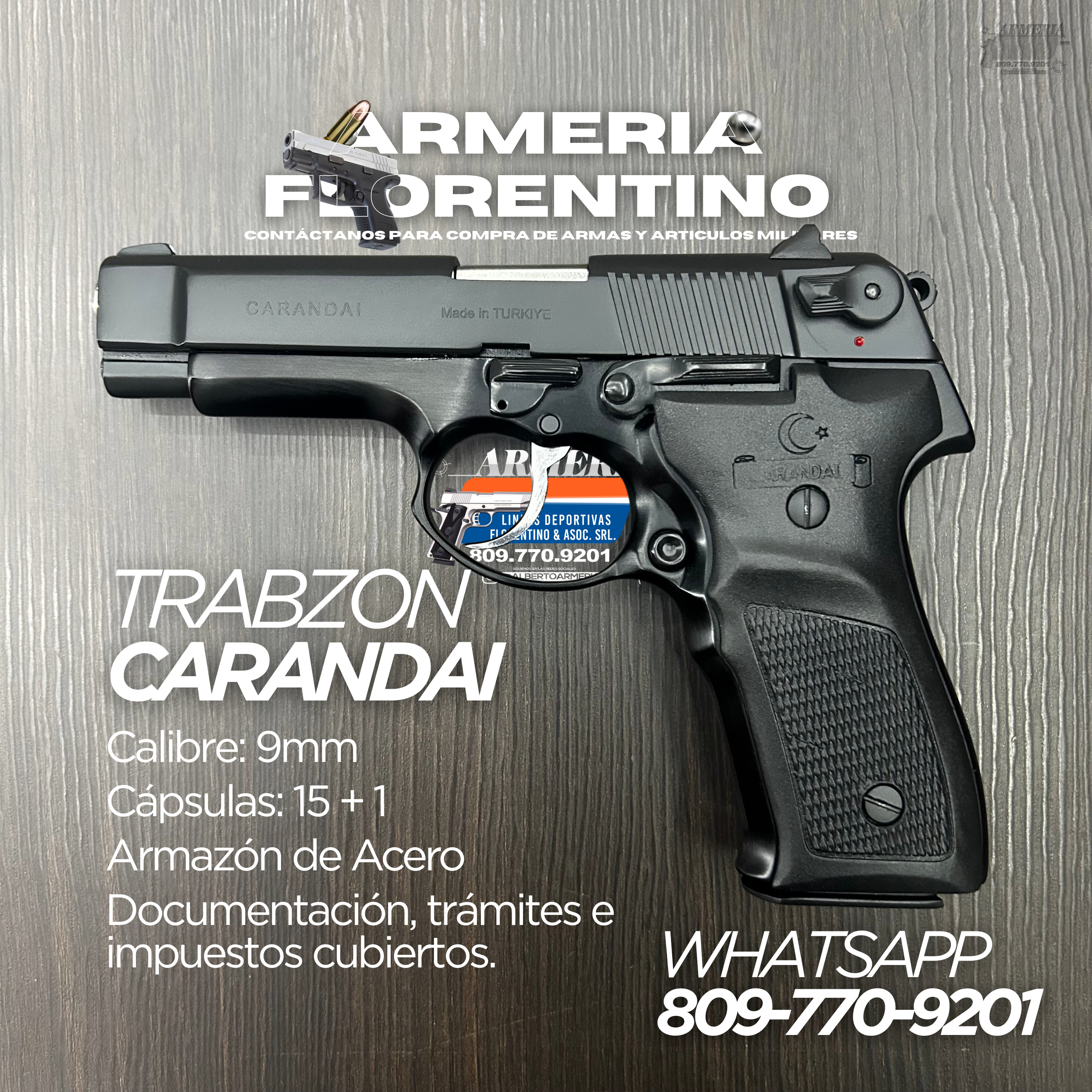 PISTOLA CARANDAI, MODELO TRABZON, CALIBRE 9MM, CAPSULAS: 15 CAPSULAS