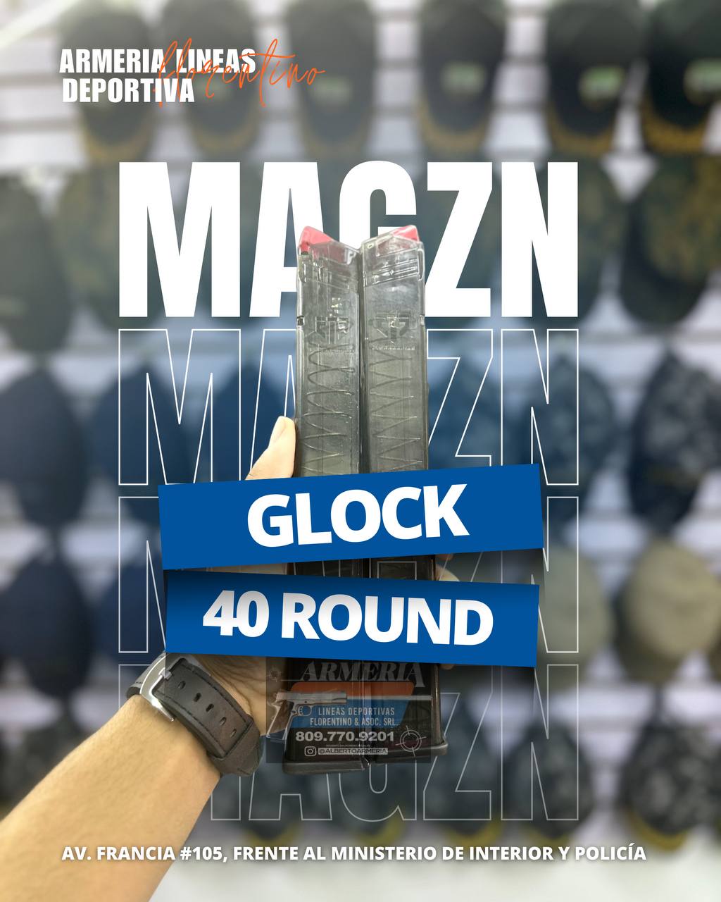 CARGADOR PARA PISTOLA GLOCK DE 40 CAPSULAS, MODELOS 17, 19, 23, 26 CALIBRE 9MM