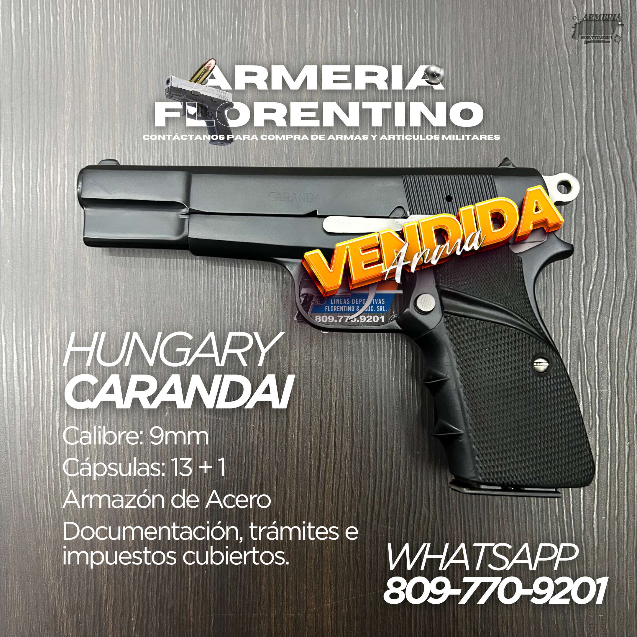 PISTOLA CARANDAI, MODELO 9MM, CAPSULAS: 13 + 1