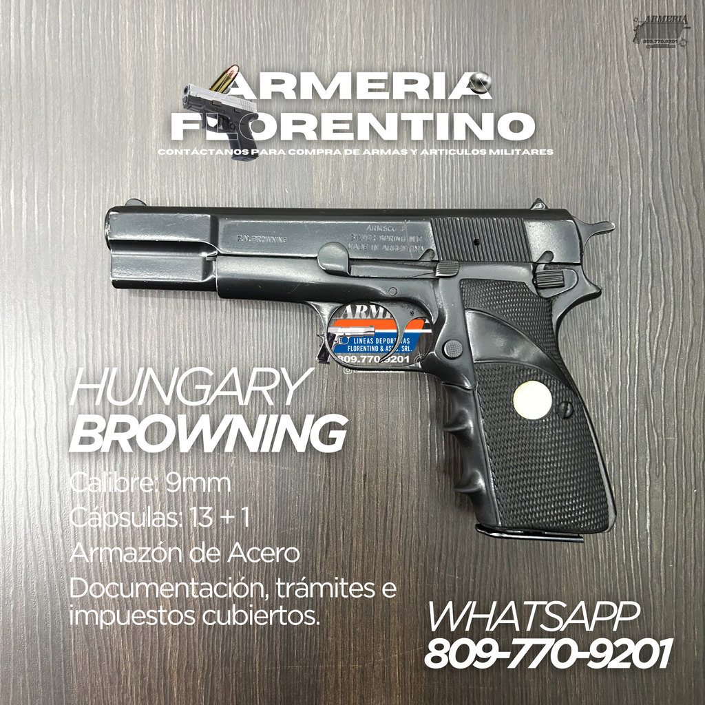 PISTOLA BROWNING, MODELO HI-POWER, CALIBRE 9MM, CAPSULAS: 13 + 1