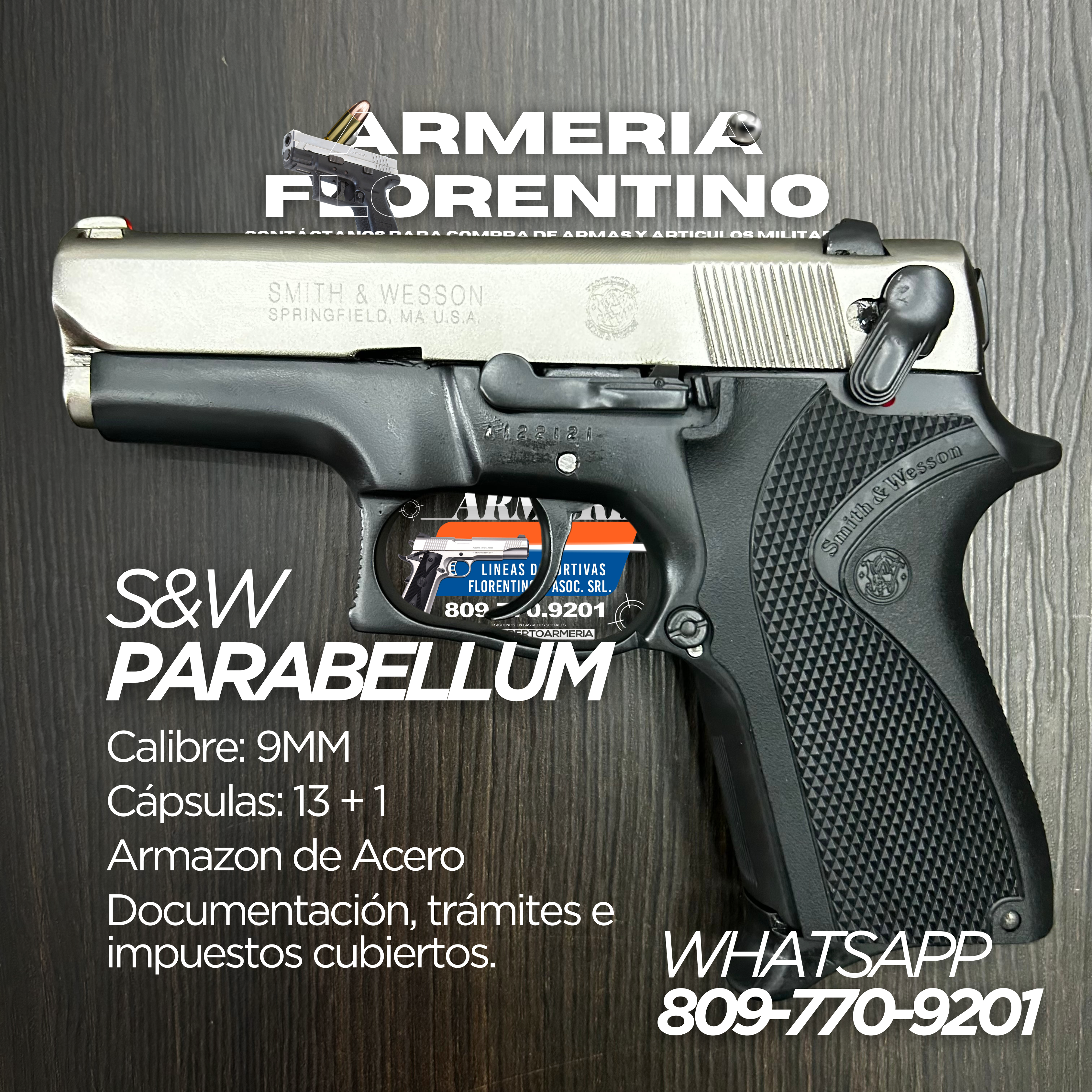 PISTOLA SMITH & WESSON, MODELO PARABELLUM, CALIBRE 9MM, CAPSULAS: 15 + 1