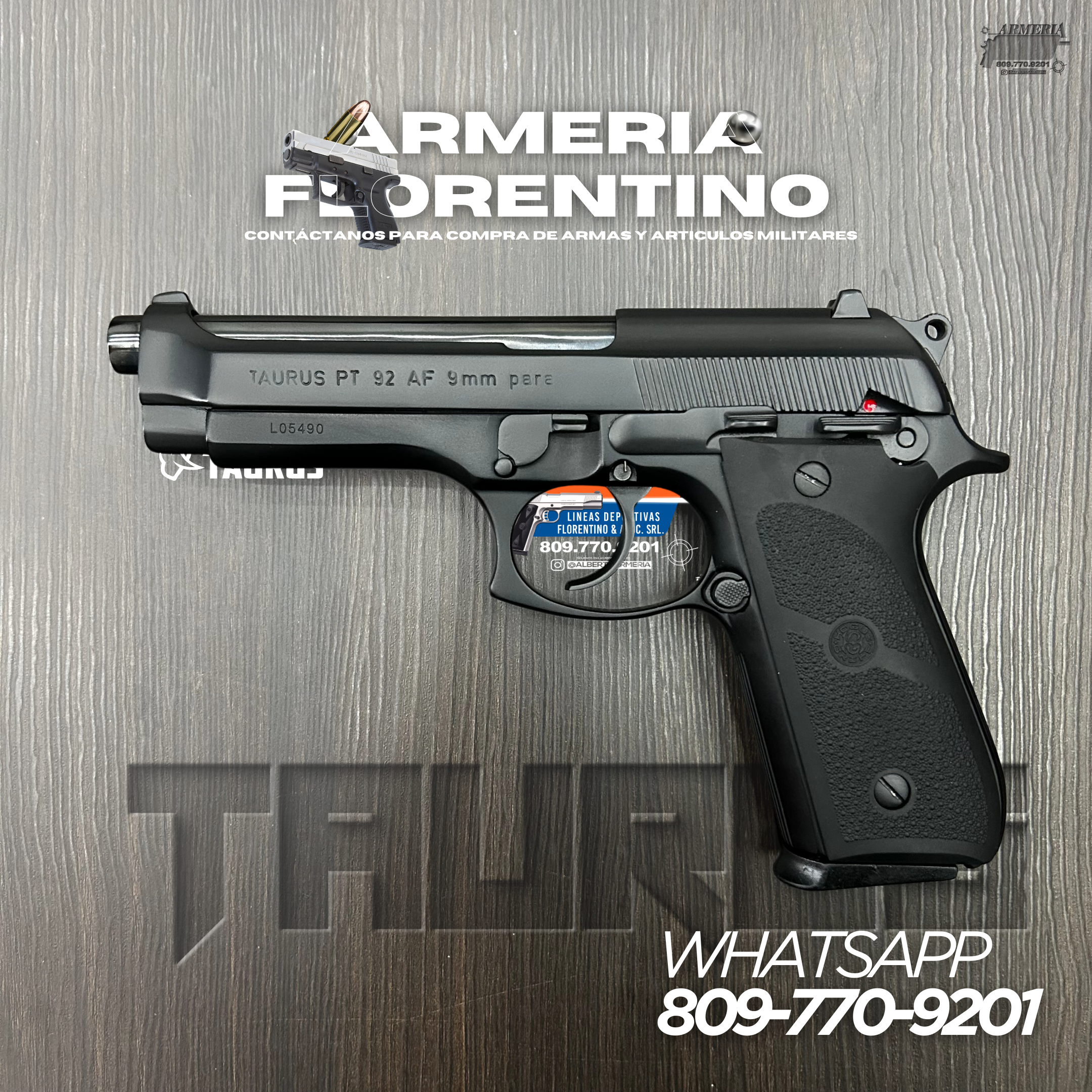 PISTOLA TAURUS, MODELO PT 92 AF, CALIBRE 9MM, CAPSULAS: 15 + 1