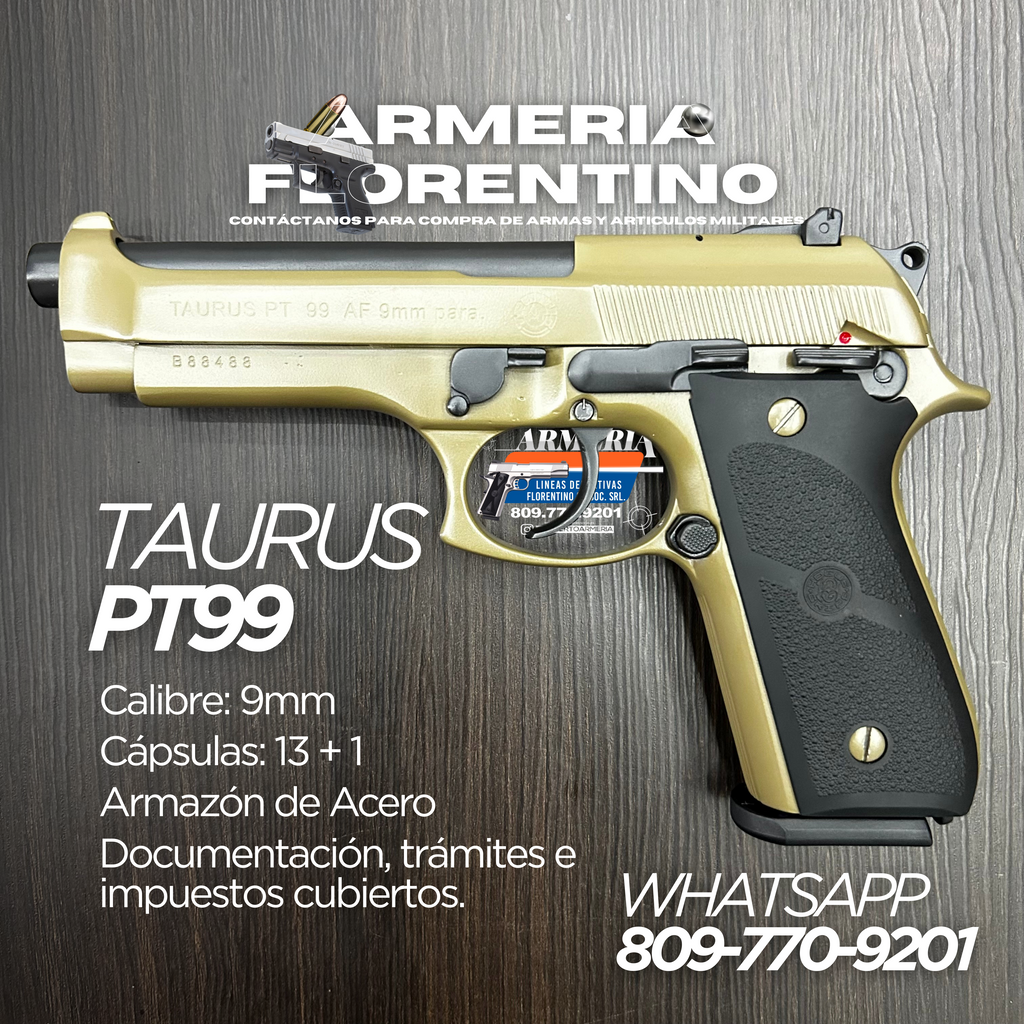 PISTOLA TAURUS, MODELO PT99, CALIBRE 9MM, CAPSULAS: 17 + 1