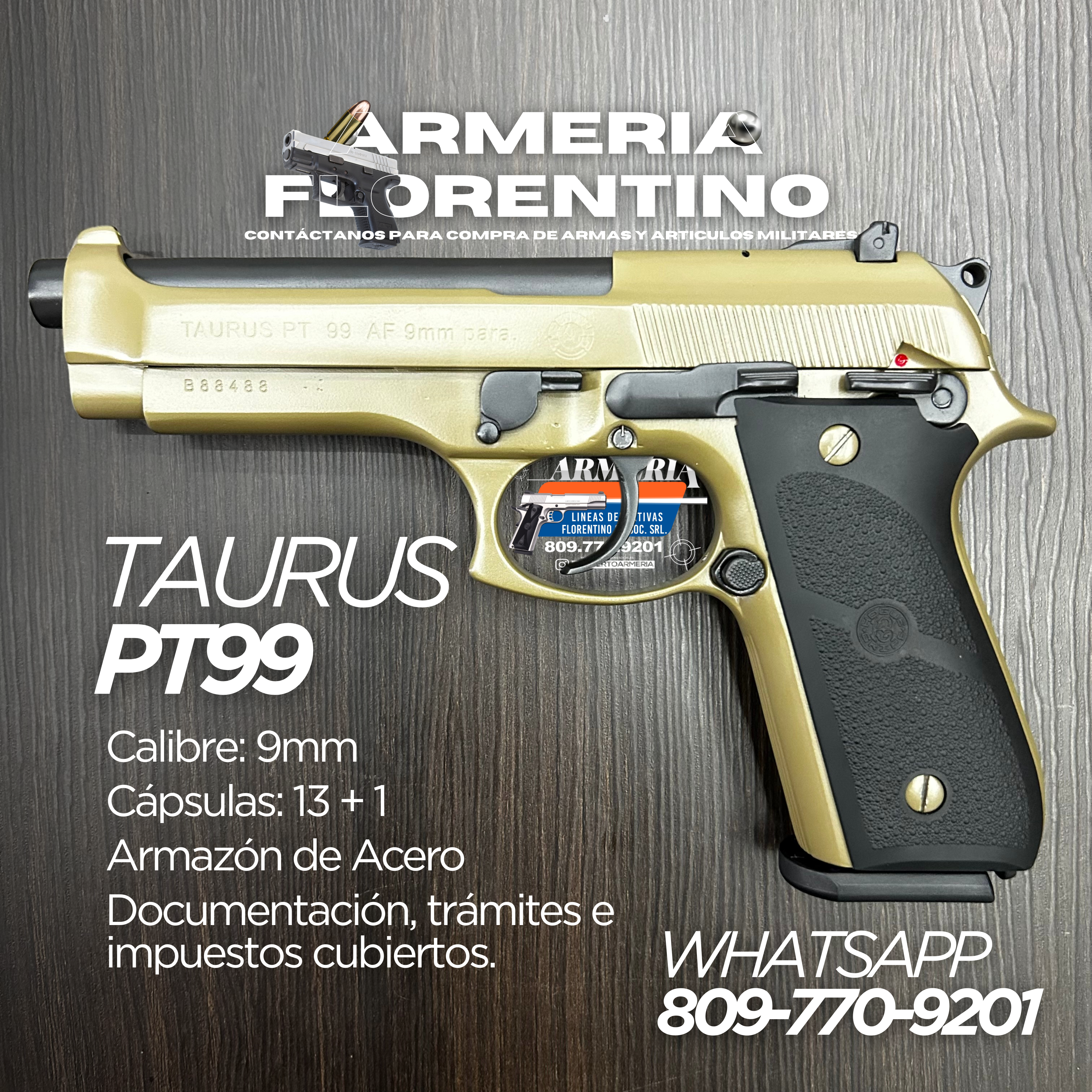 PISTOLA TAURUS, MODELO PT99, CALIBRE 9MM, CAPSULAS: 17 + 1