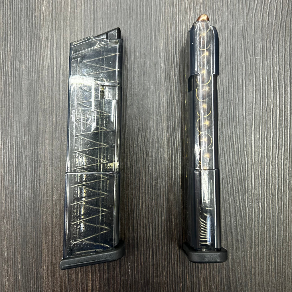 CARGADOR TRANSPARENTE PARA PISTOLAS GLOCK 43 Y 23, CALIBRE 9MM